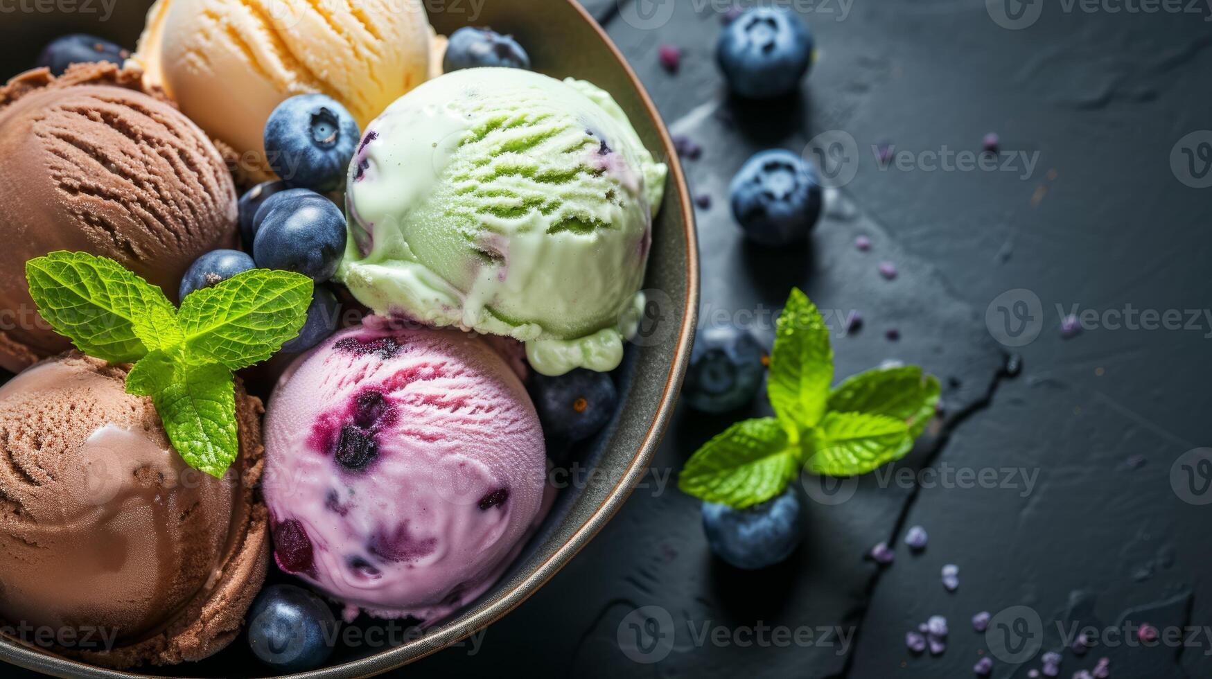 AI generated Variety of ice cream scoops in a bowl with blueberries and mint leaves. Assorted ice creams photo