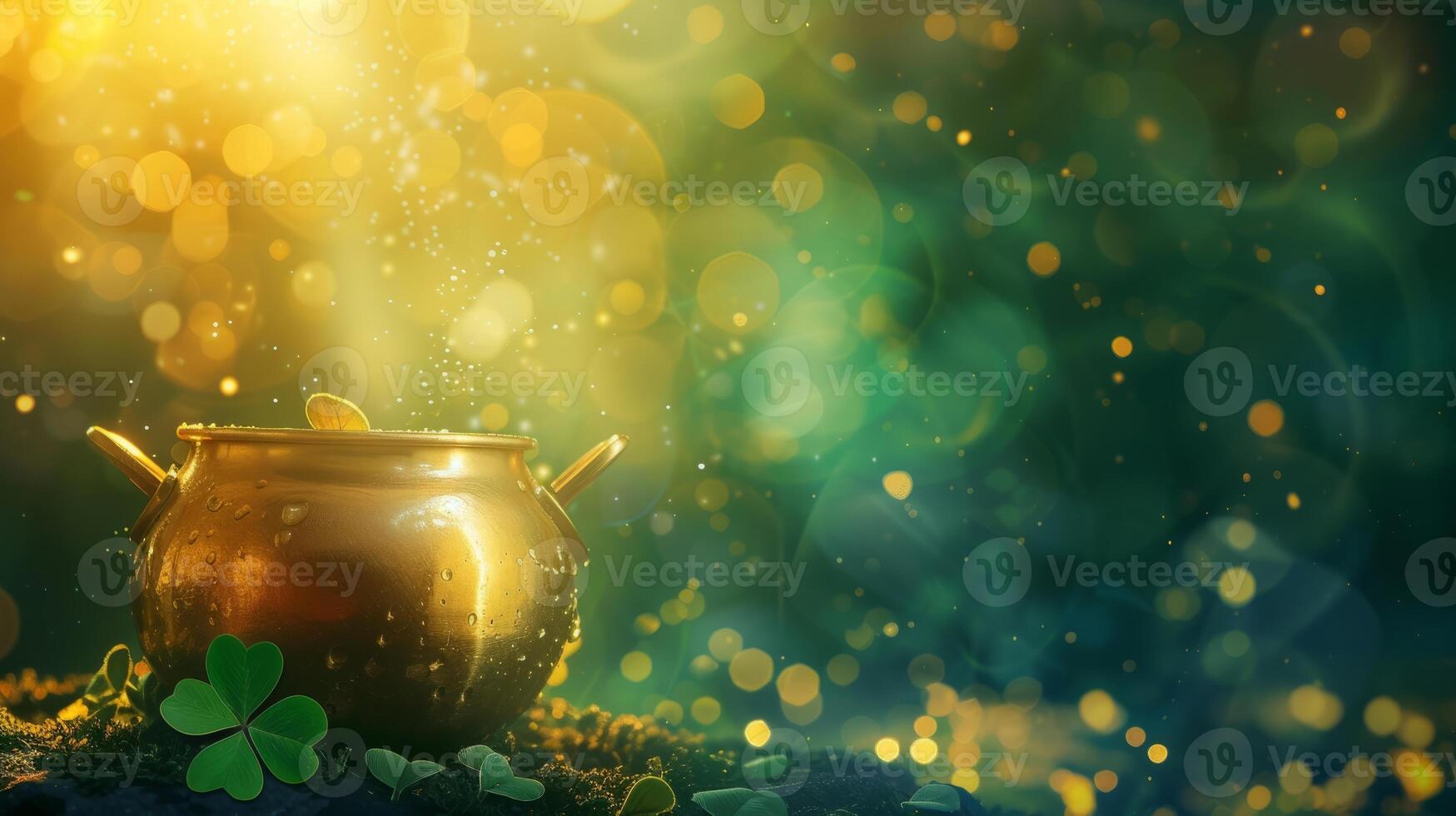 AI generated St. Patrick's Day background with golden pot and four-leaf clover photo
