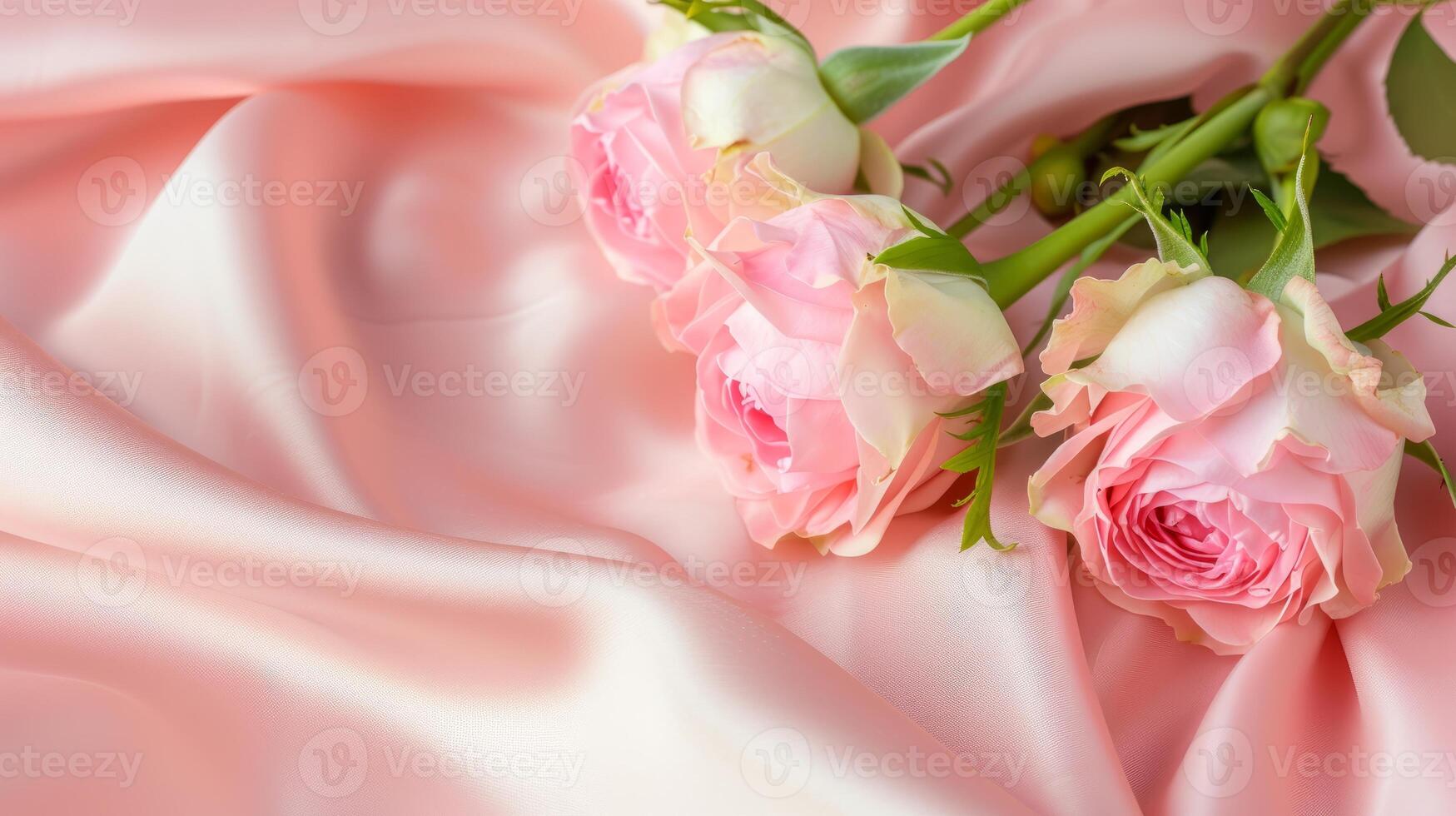 AI generated Pink roses on soft silk background with copy space, for Women's Day, Mother's Day, Valentine's Day, Wedding concept. Copy space photo