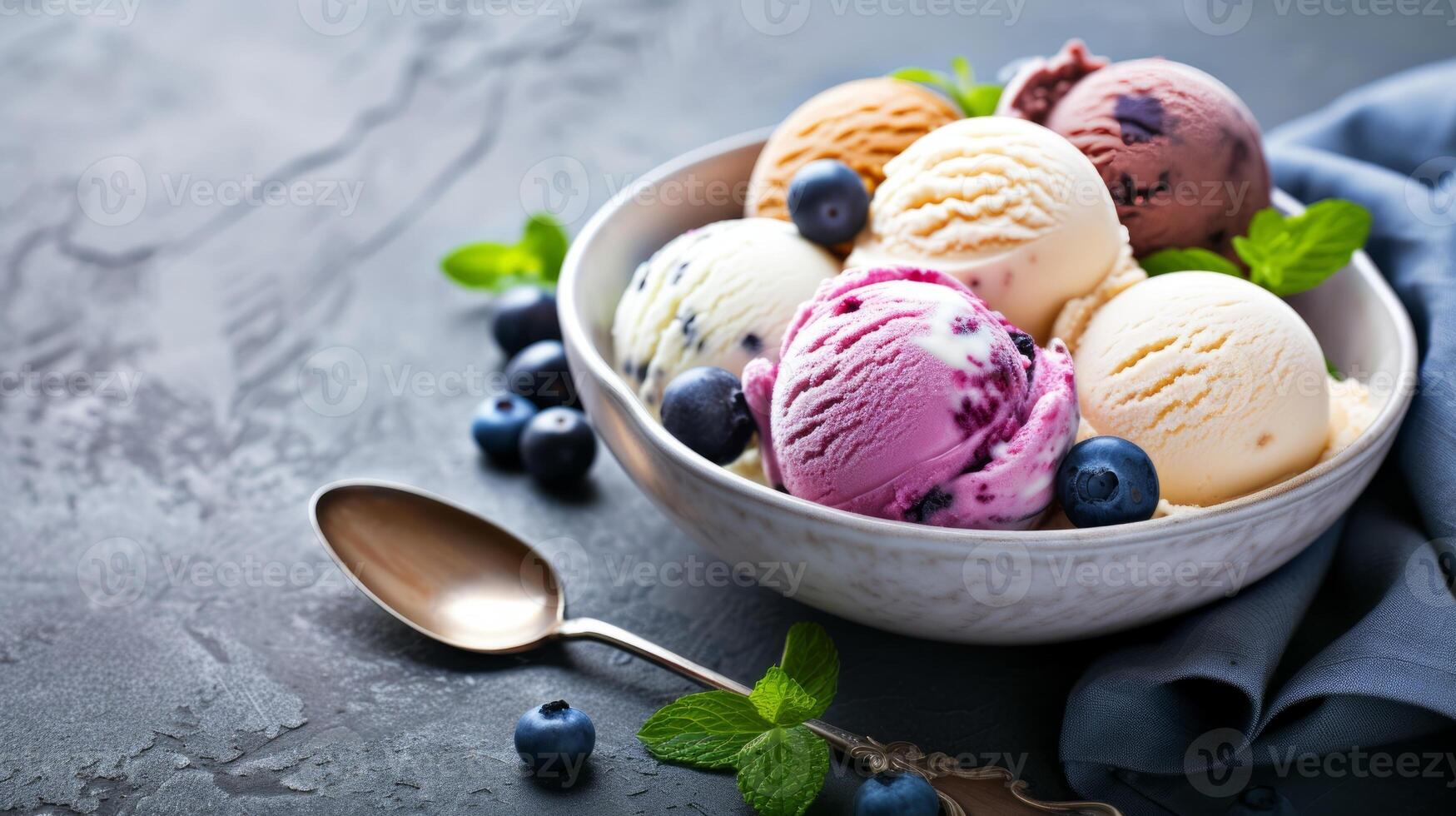 AI generated Variety of ice cream scoops in a bowl with blueberries and mint leaves. Assorted ice creams photo