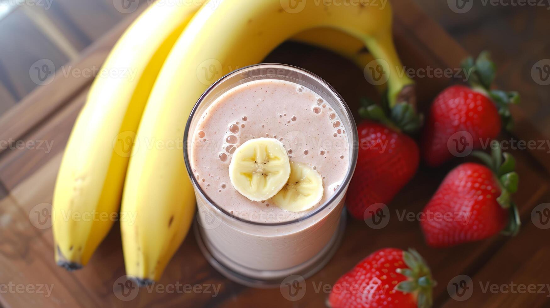 AI generated Banana smoothie in a glass with banana and strawberries lying next to it photo
