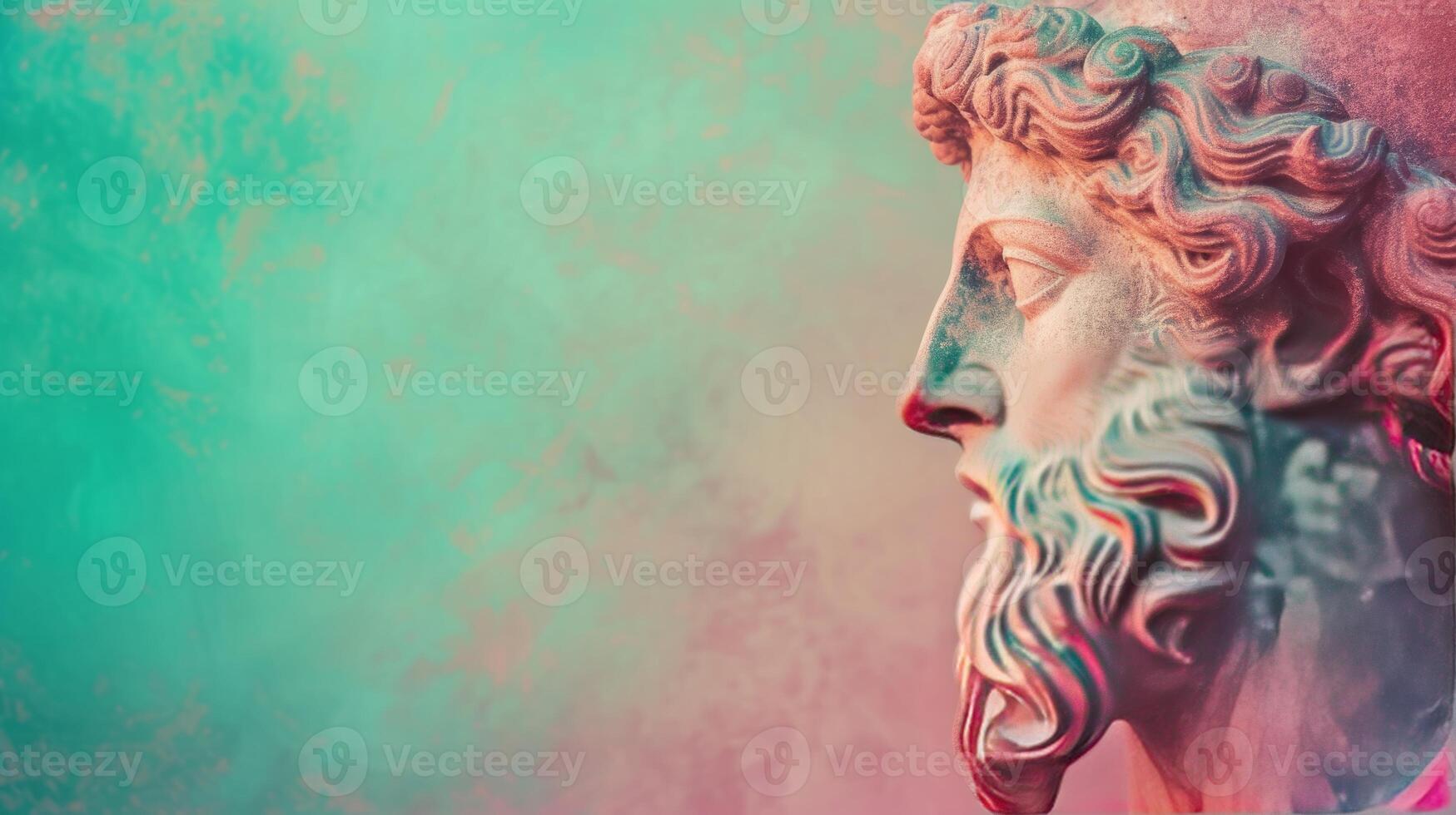 AI generated Sculpture of an abstract greek deity, done in the pastel gradient pink and green background colors, close up, copy space photo