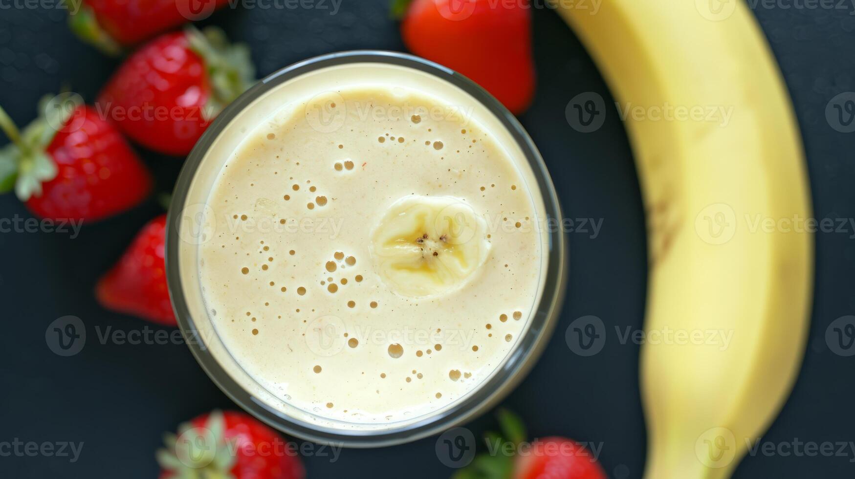 AI generated Banana smoothie in a glass with banana and strawberries lying next to it photo