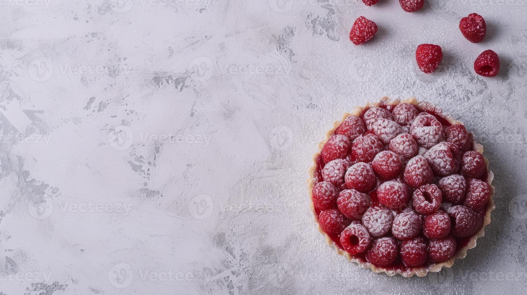 AI generated A close - up shot of Raspberry Rosewater Tart, light gray textured plaster background, top view photo