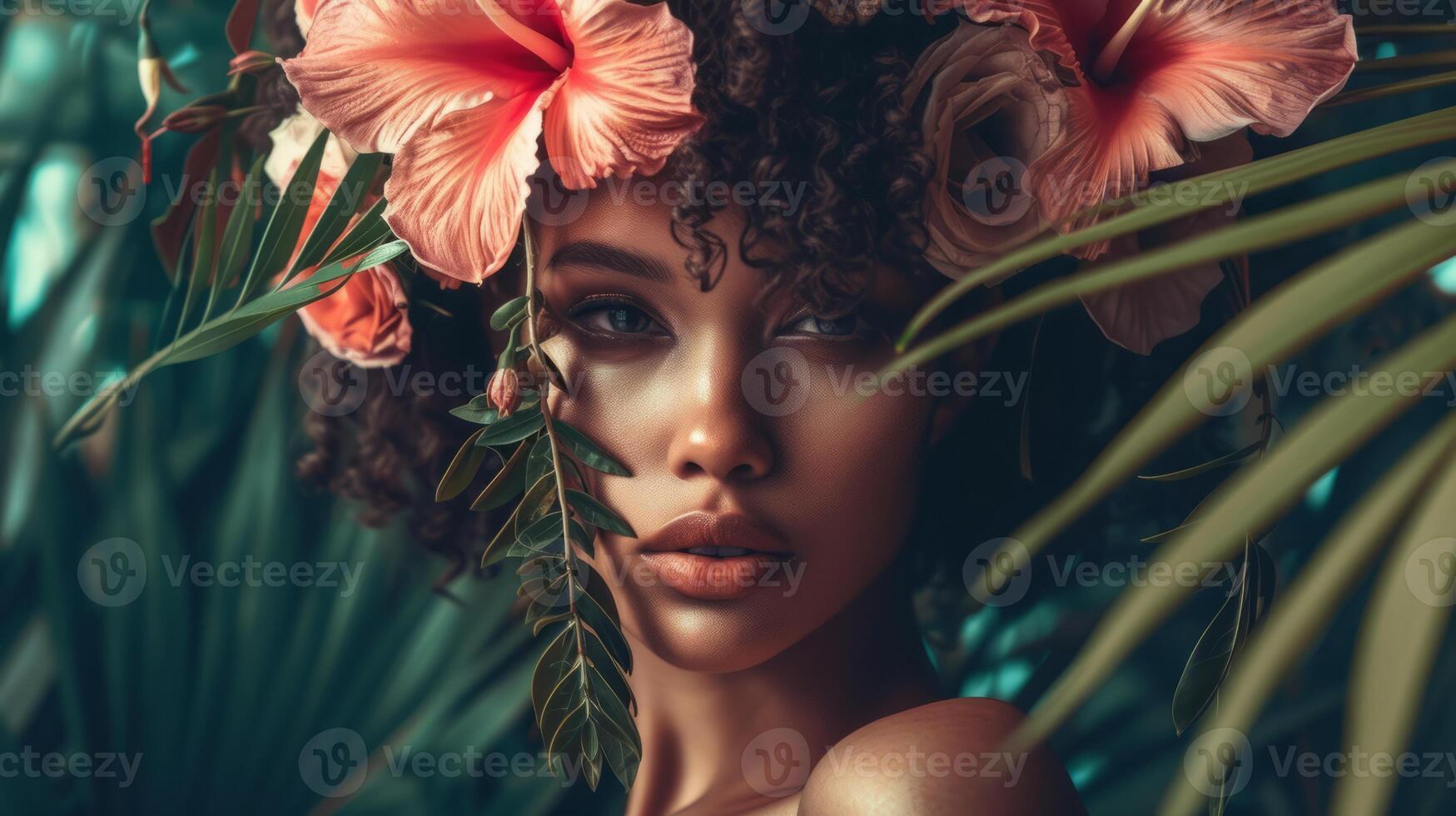 AI generated Fashion portrait of young beautiful woman with exotic flowers in hair photo