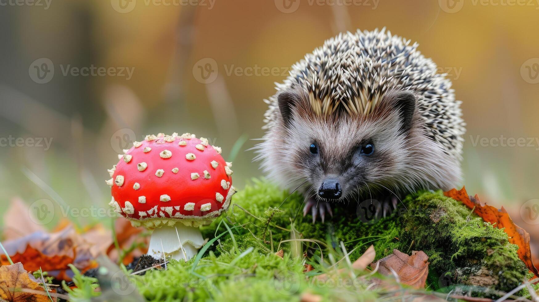 AI generated Hedgehog, native, European hedgehog with red Fly Agaric toadstool, and green moss. Facing forward. Autumn or fall. Close up. Horizontal. Space for copy photo