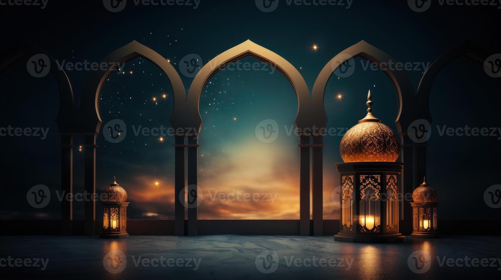 AI generated Ethereal Arches with Lanterns Under Starry Sky photo