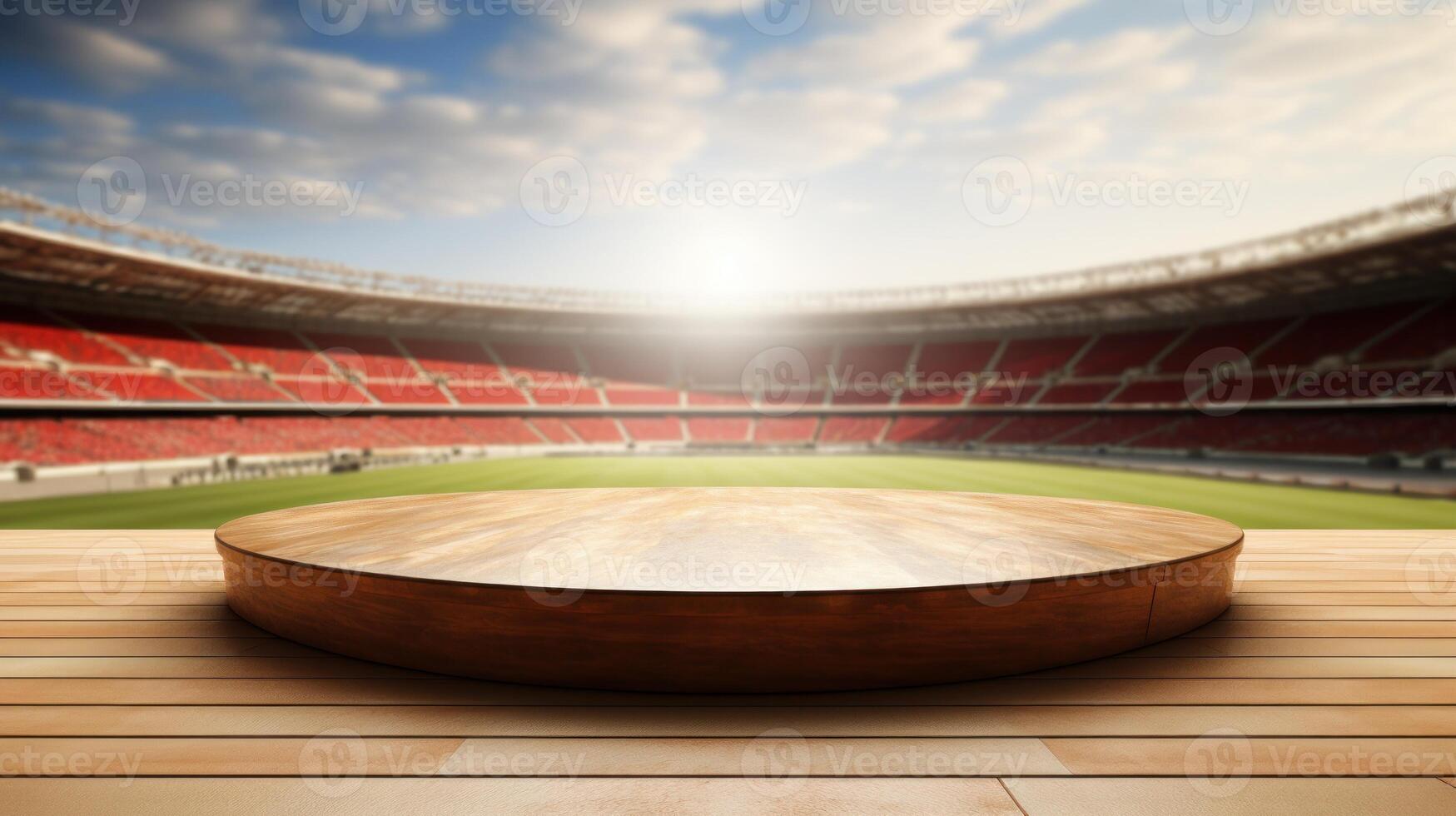 AI generated Round Wooden Platform in Stadium with Sunlit Field photo