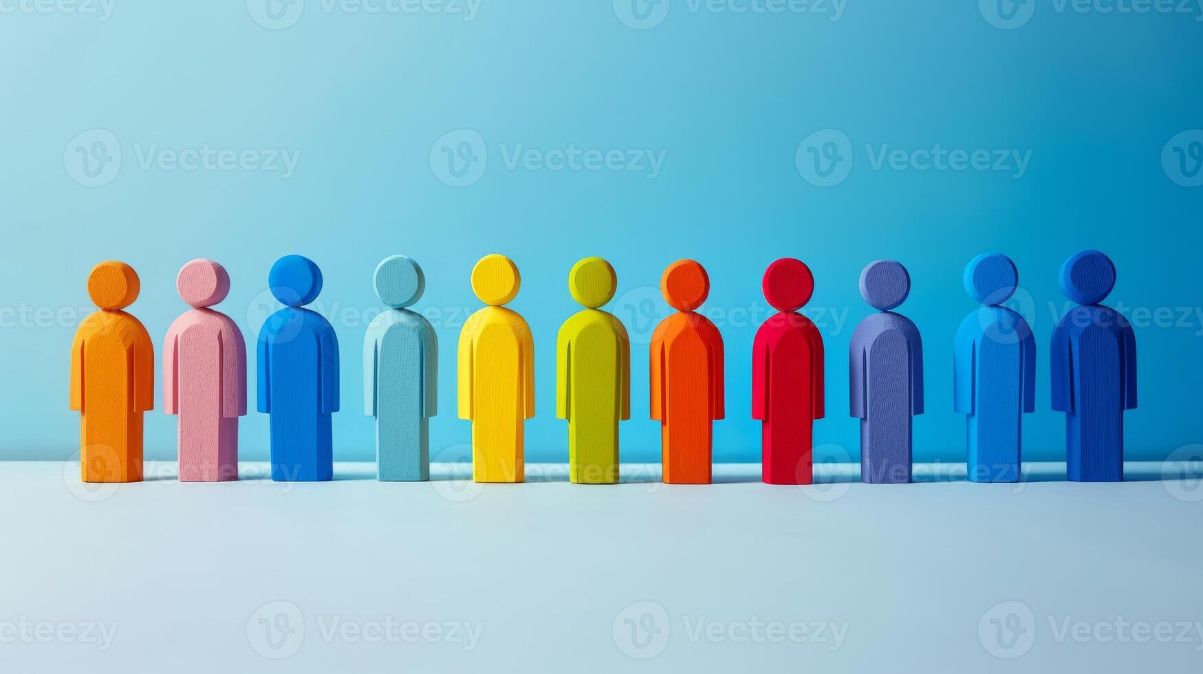 AI generated Colorful Wooden Peg People on Blue Background photo