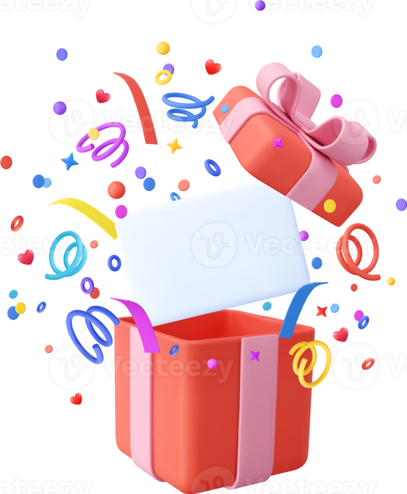 3d schattig verrassing geschenk doos met vallend confetti png