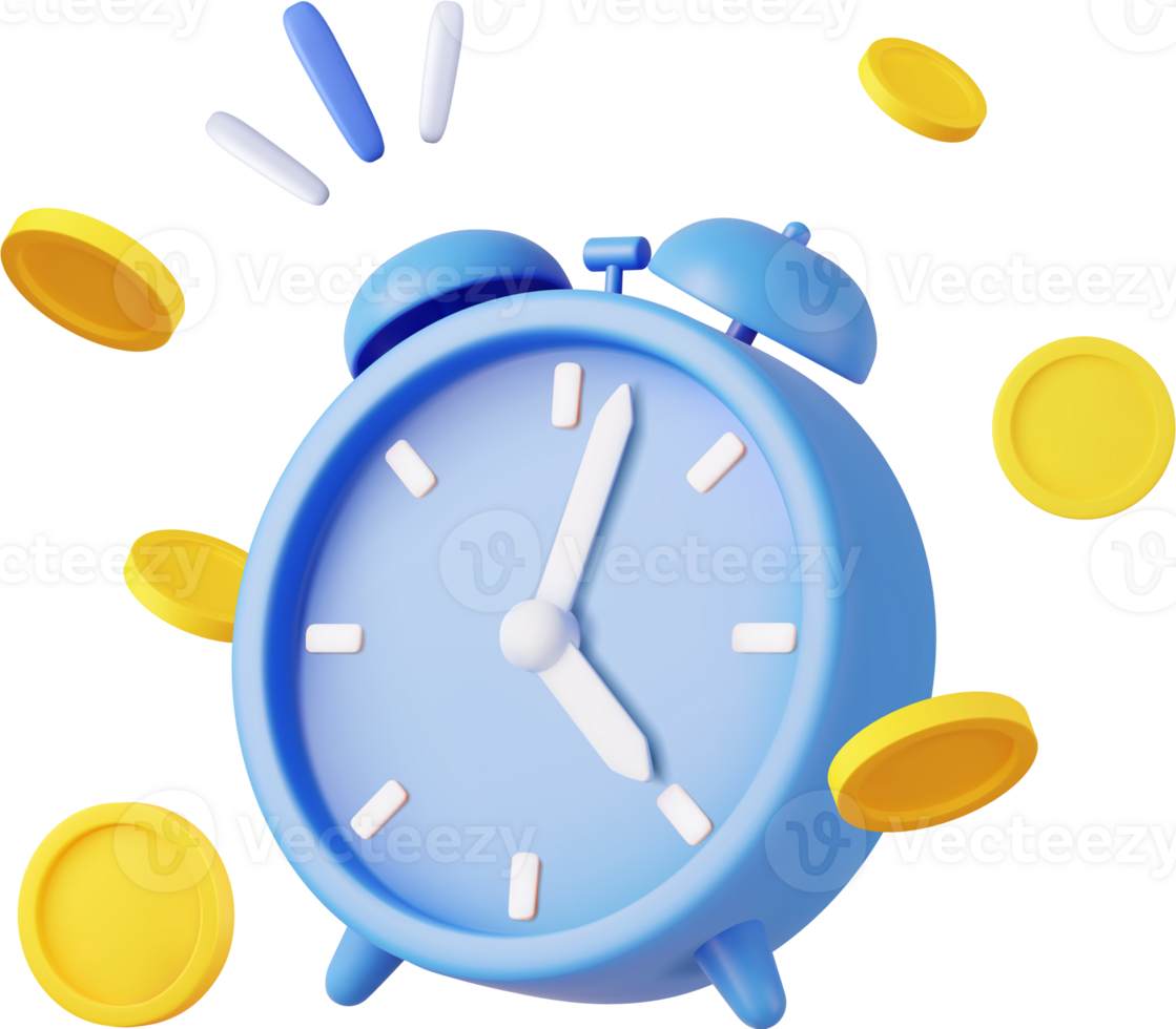 3D Alarm Clock and Coins. png