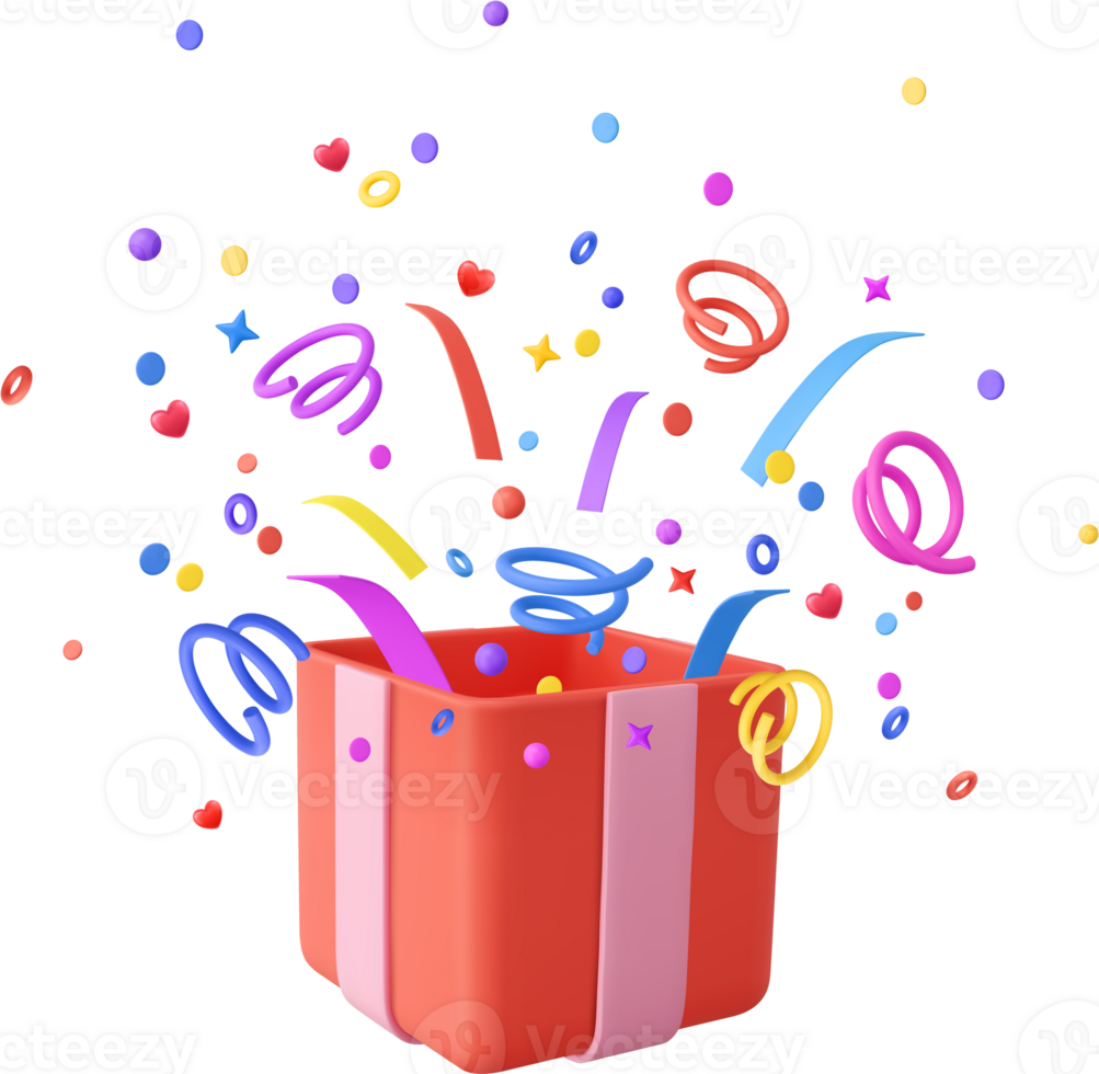 3d Cute Surprise Gift Box With Falling Confetti png