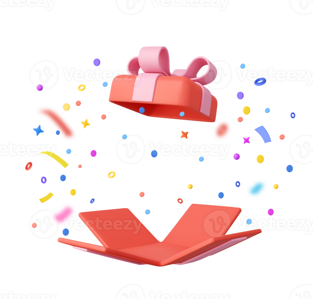 3d Cute Surprise Gift Box With Falling Confetti png
