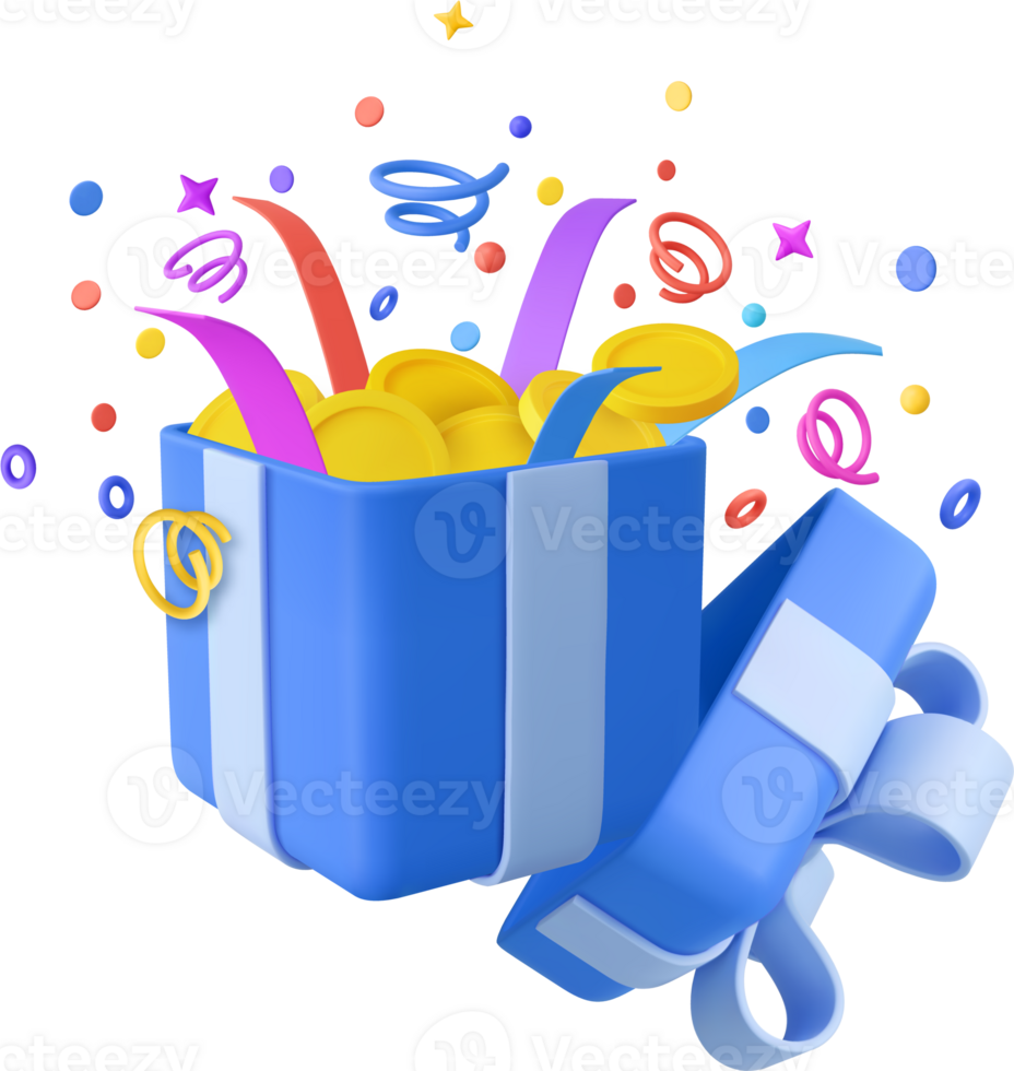 3D Open gift box with floating gold coin png