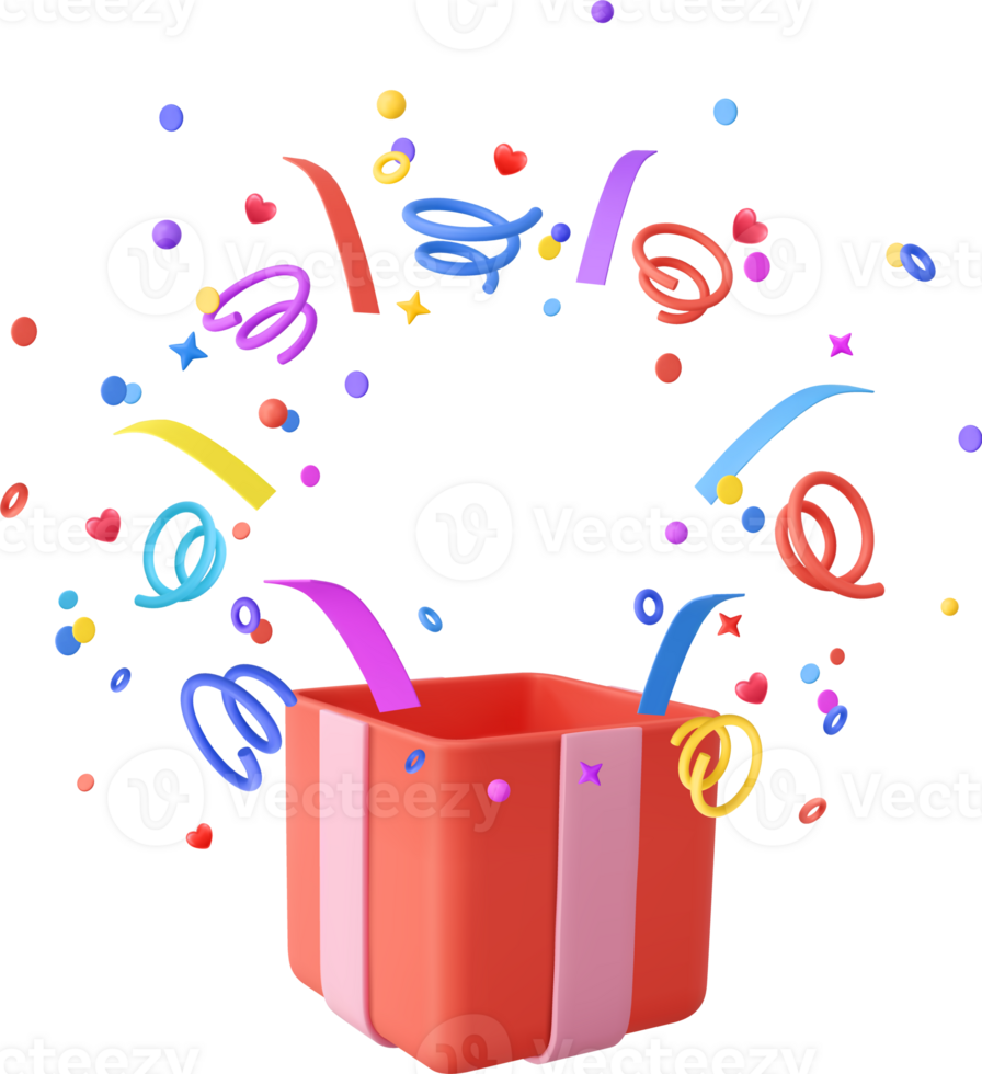 3d Cute Surprise Gift Box With Falling Confetti png