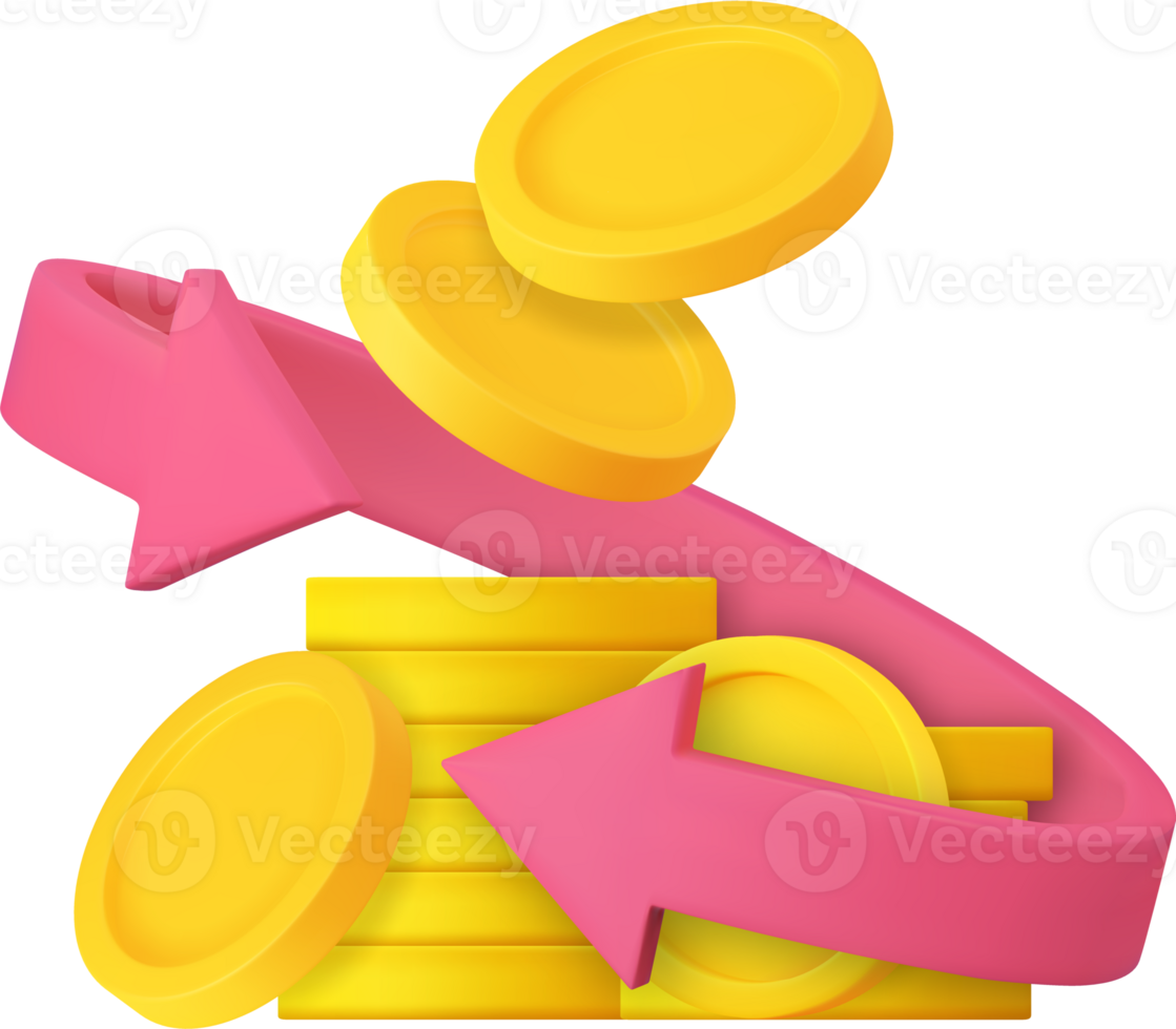 3d Coins floating with arrows. png