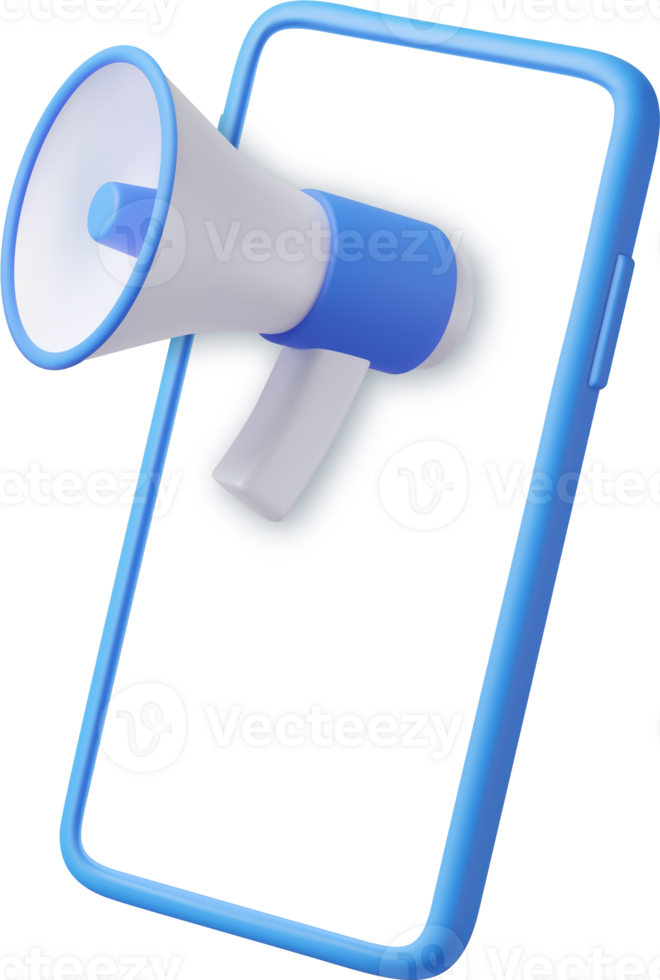 3d megaphone, loudspeaker with mobile phone. png