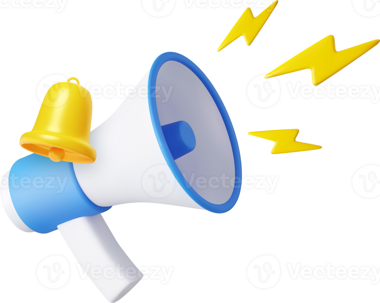 3d megaphone, loudspeaker with lightning. png