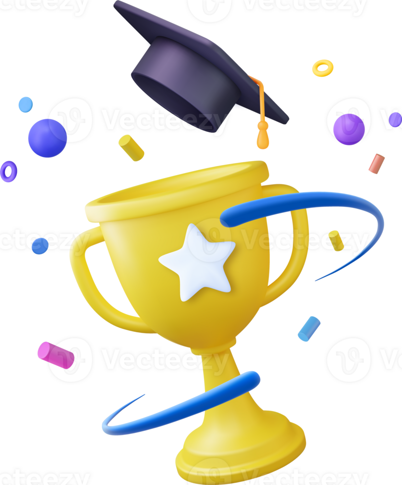 3d l'obtention du diplôme chapeau et trophée png