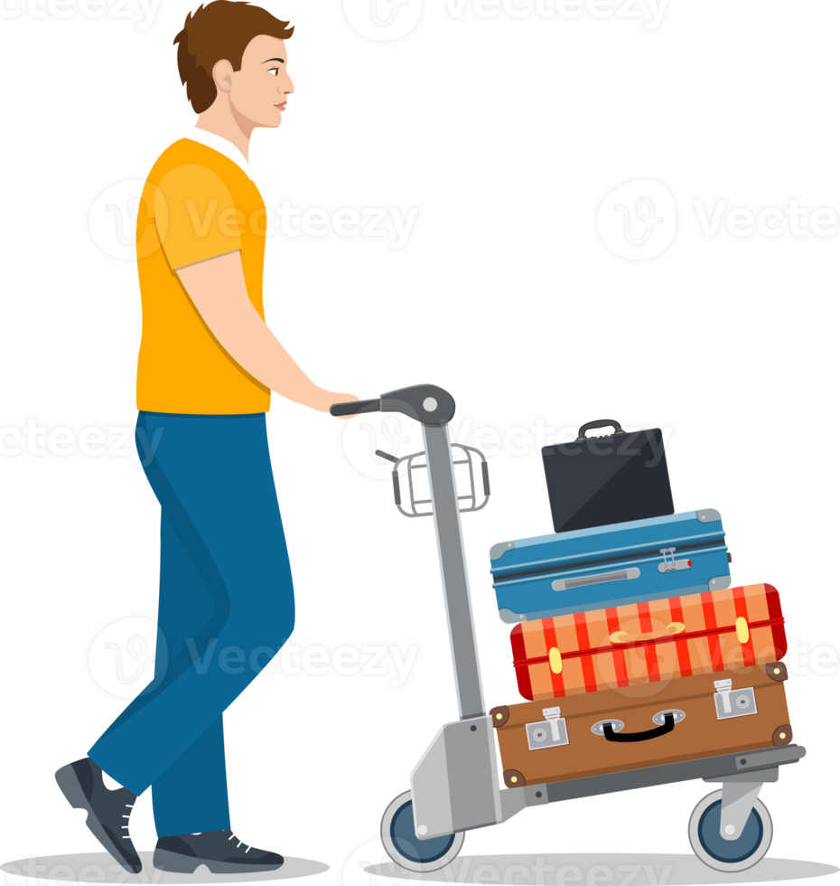 man with luggage trolley in airport. png