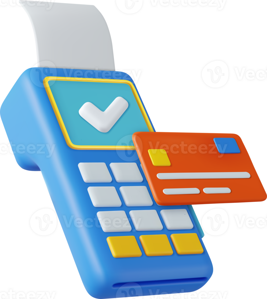 3d Pos terminal with receipt and credit card. png