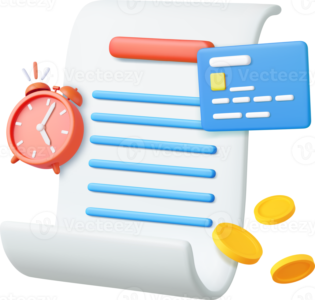 3d Bill with clock and golden coins png