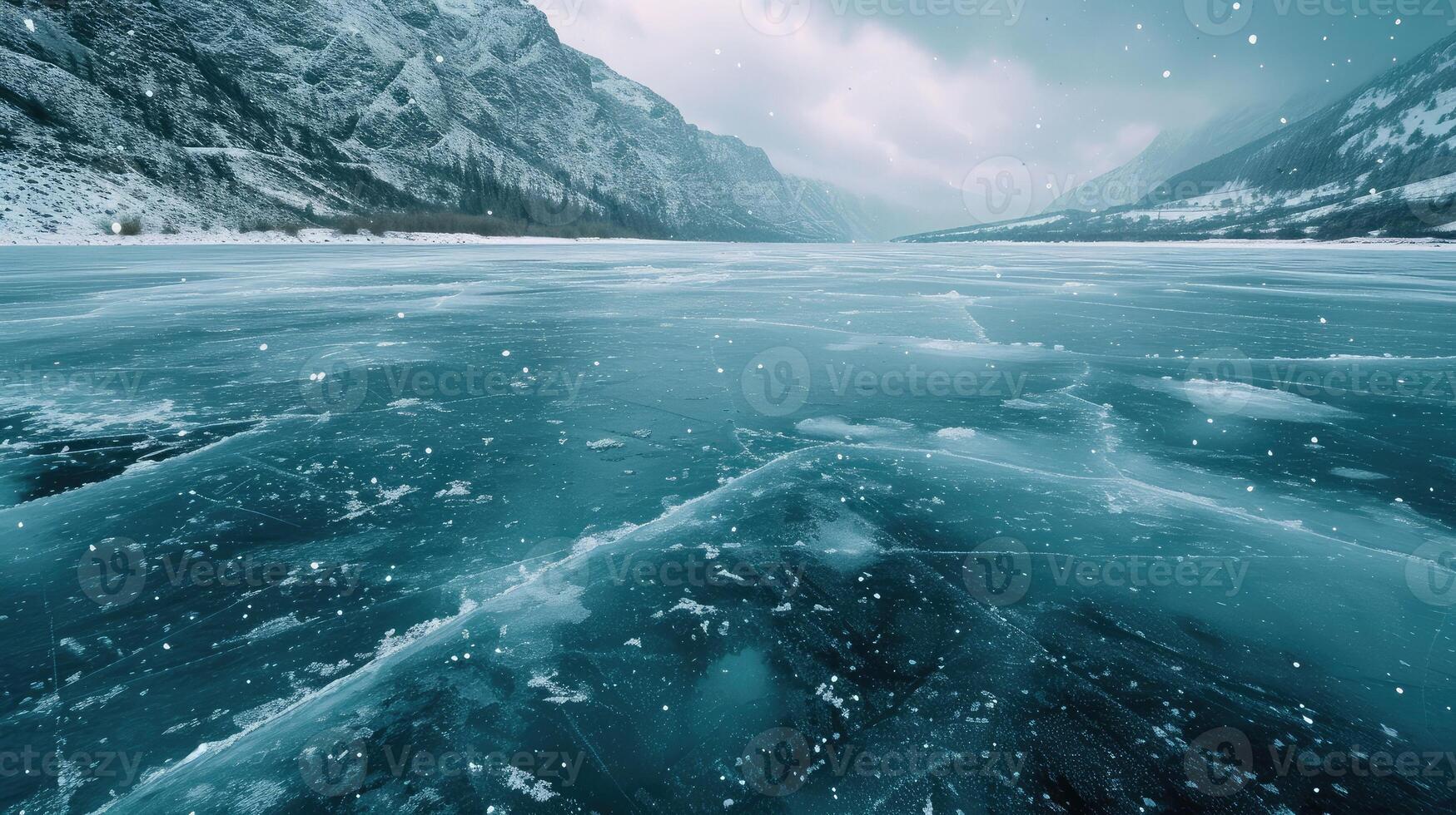 AI generated Cracks on the surface of the blue ice. Frozen lake in winter mountains. It is snowing photo