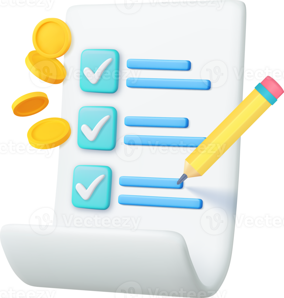 3d Paper with checkbox, pancil and golden coins png
