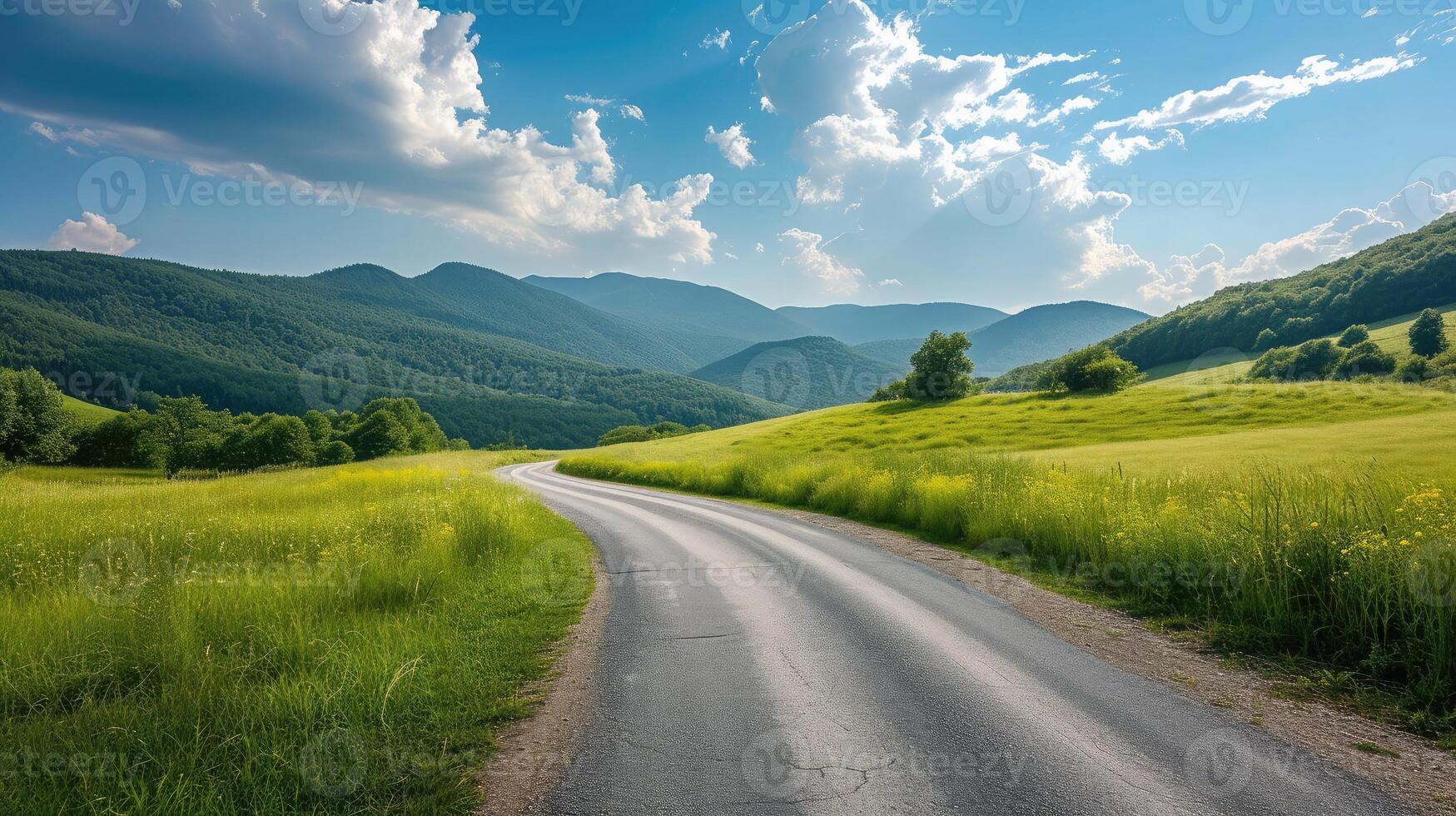 AI generated country road and green mountains in summer. photo