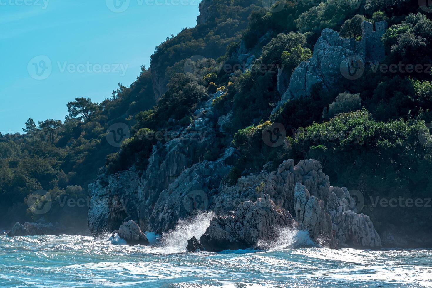 sea surf on a rocky wooded tropical seashore with fortress ruins photo