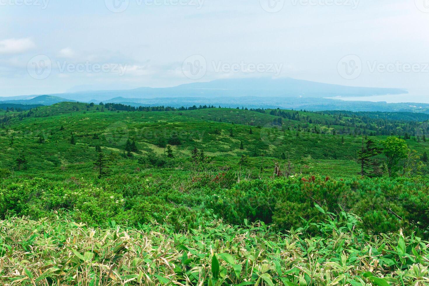 typical landscape of the southern Kuriles, view of Kunashir Island from the slope of Golovnin volcano, Mendeleyev volcano is visible in the distance in the haze photo