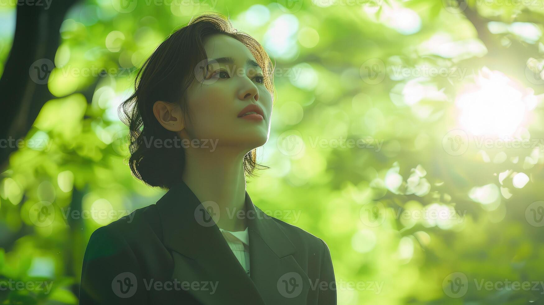 AI generated Japanese woman in a suit standing in the fresh green photo