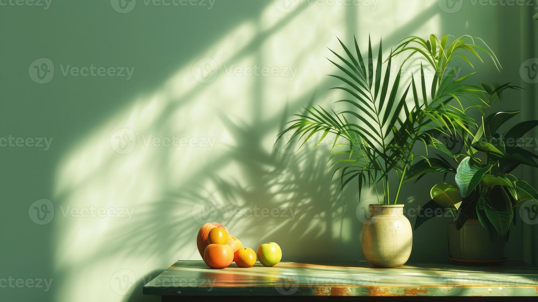 AI generated Modern interior lifestyle Mediterranean in summer scene, plant with fruit on table with light and shadow in dining room photo