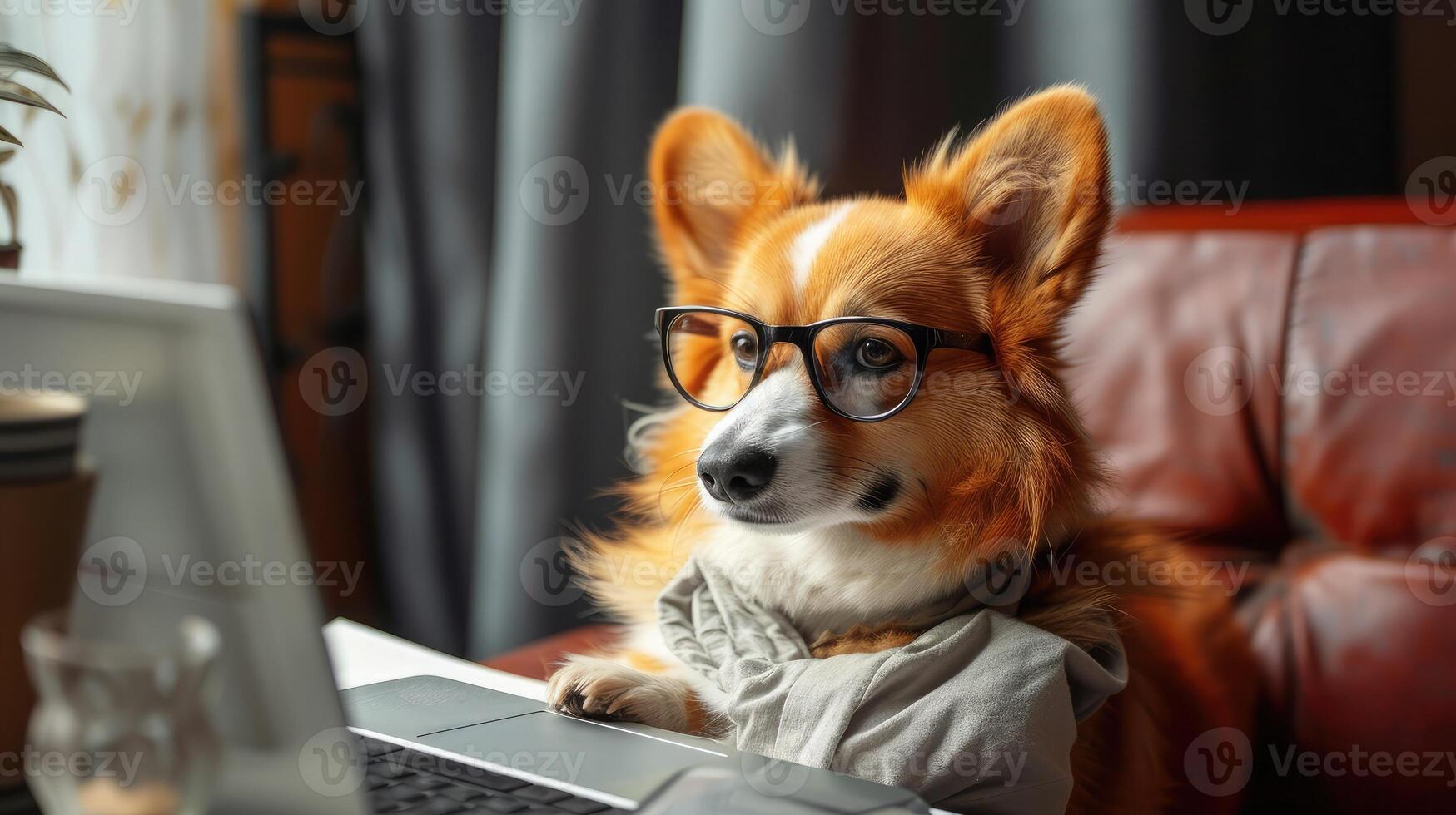 AI generated Cute corgi dog looking into computer laptop working in glasses and shirt photo