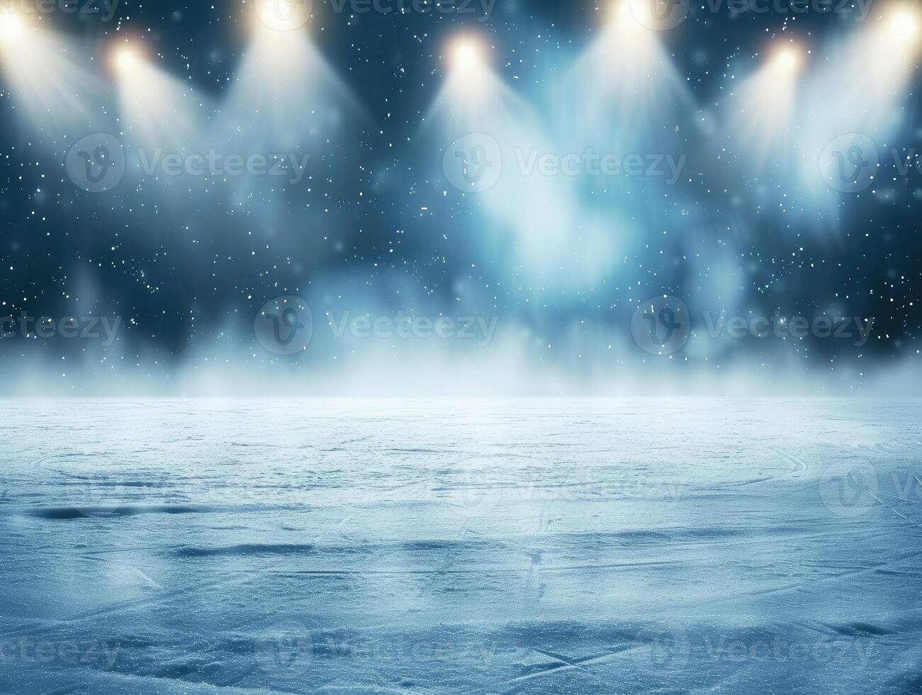 AI generated Snow and ice background.Empty ice rink illuminated by spotlights photo