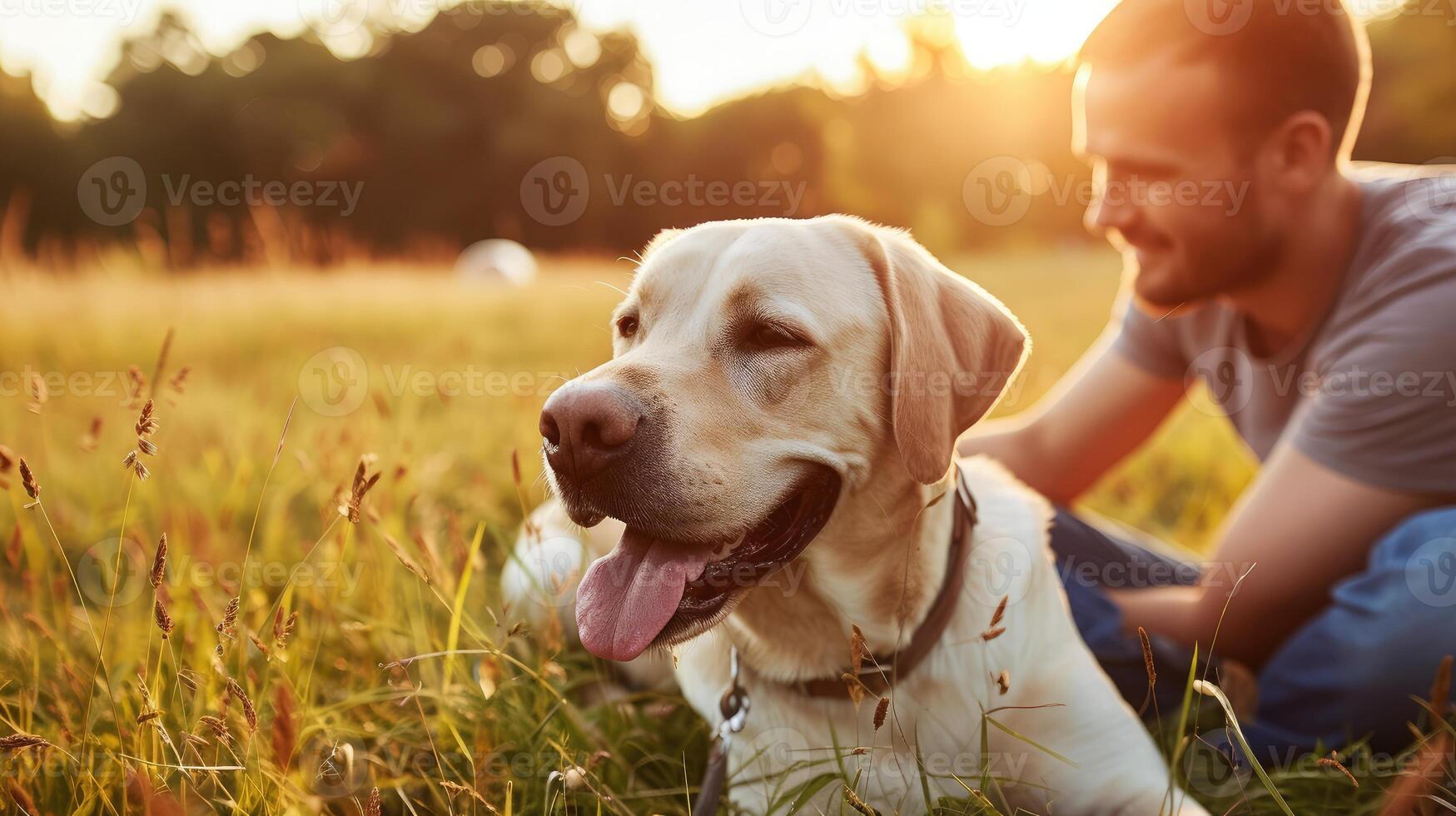 AI generated Cropped image of handsome young man with labrador outdoors. Man on a green grass with dog. Cynologist photo