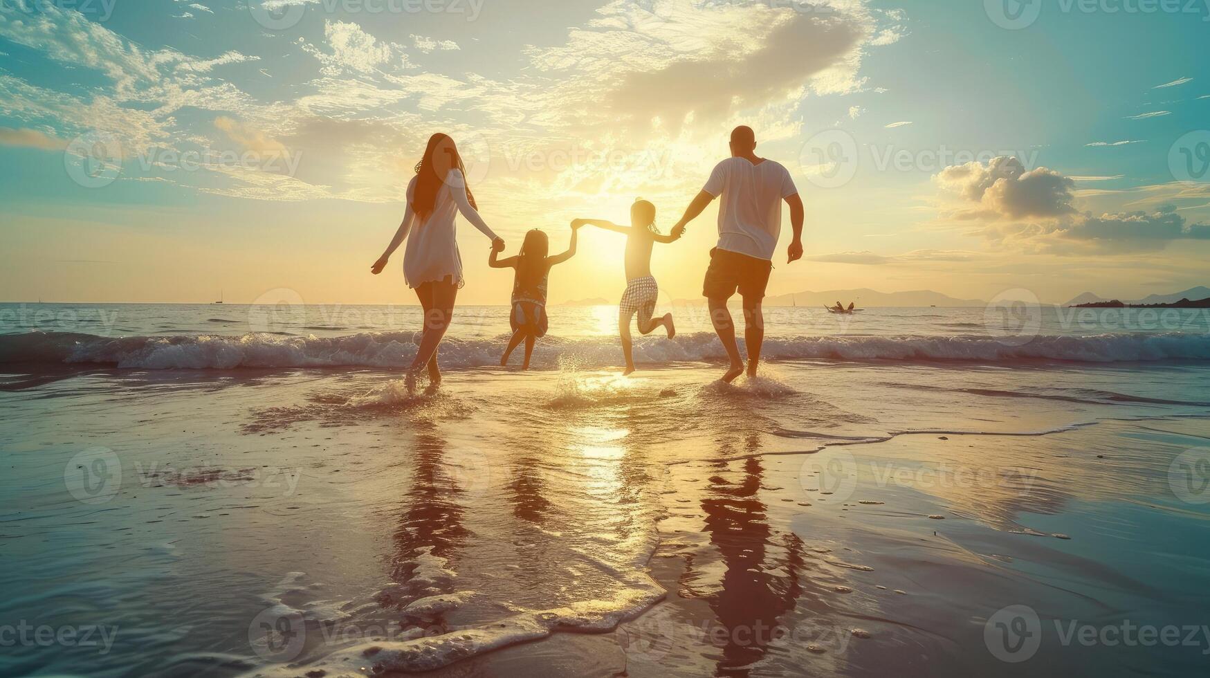 ai generado contento familia viaje en playa en vacaciones, verano vacaciones contento familia son teniendo divertido en un tropical playa en puesta de sol. padre y madre y niños jugando juntos al aire libre en playa. foto