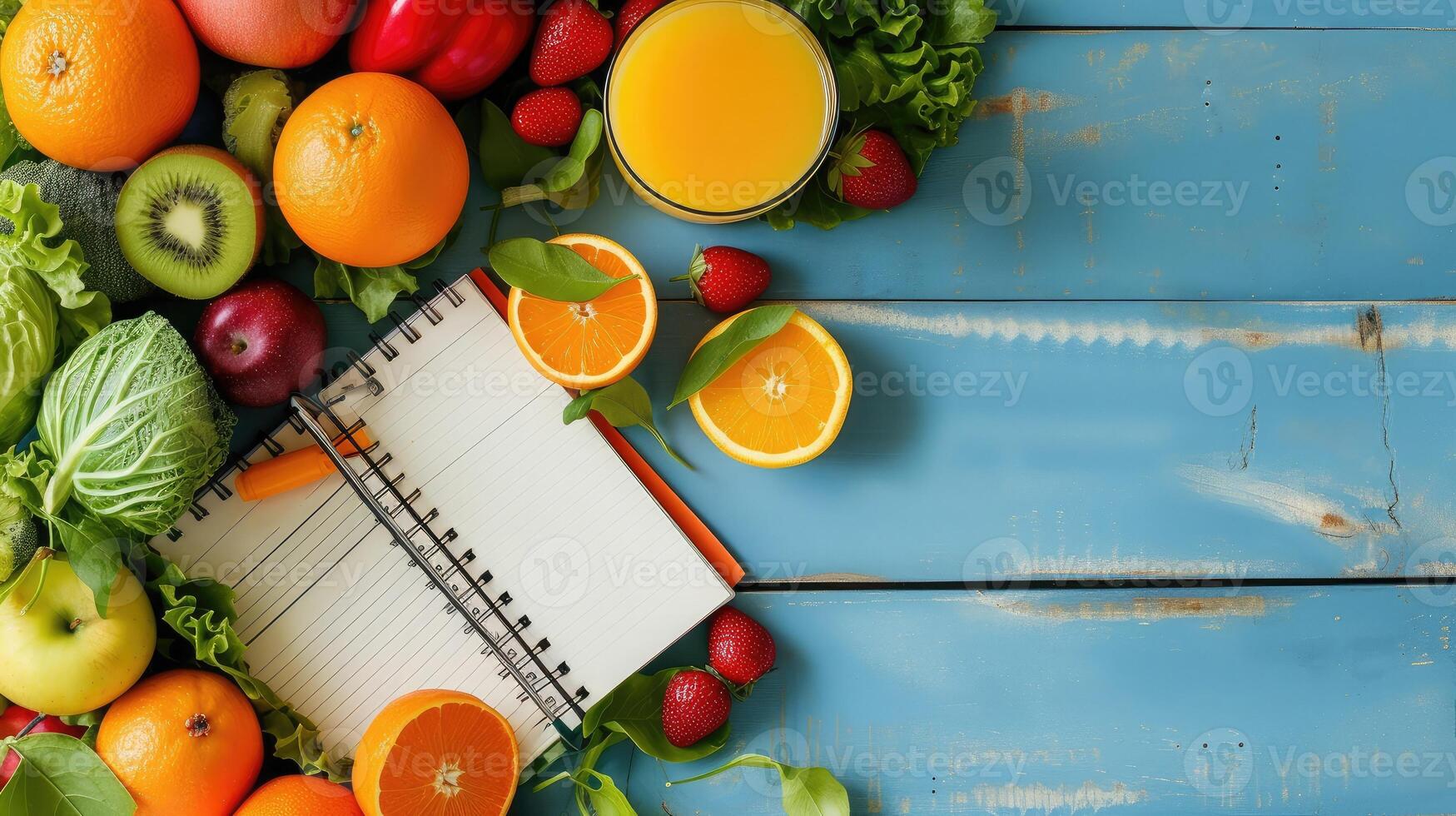 AI generated Healthy eating with Workout and fitness dieting ,fitness and weight loss concept, fruit, Vegetable and orange juice,notebook,top view on blue wooden background, Food and health photo