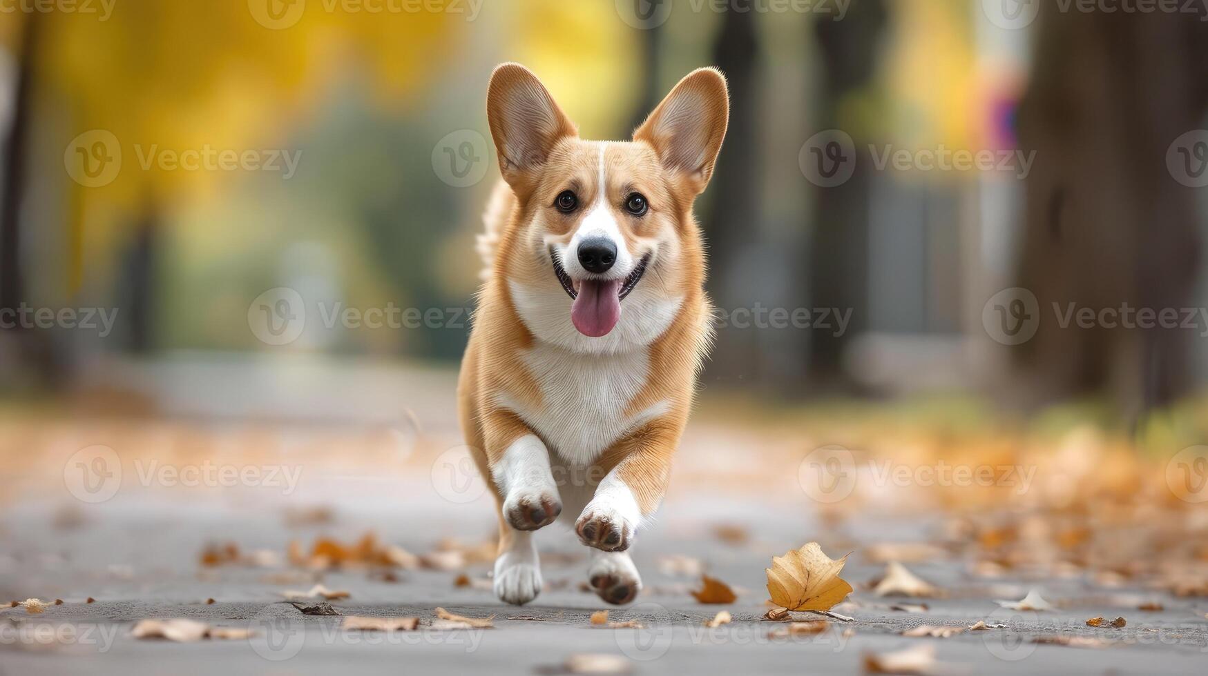 ai generado linda galés corgi pembroke corriendo en el calle foto