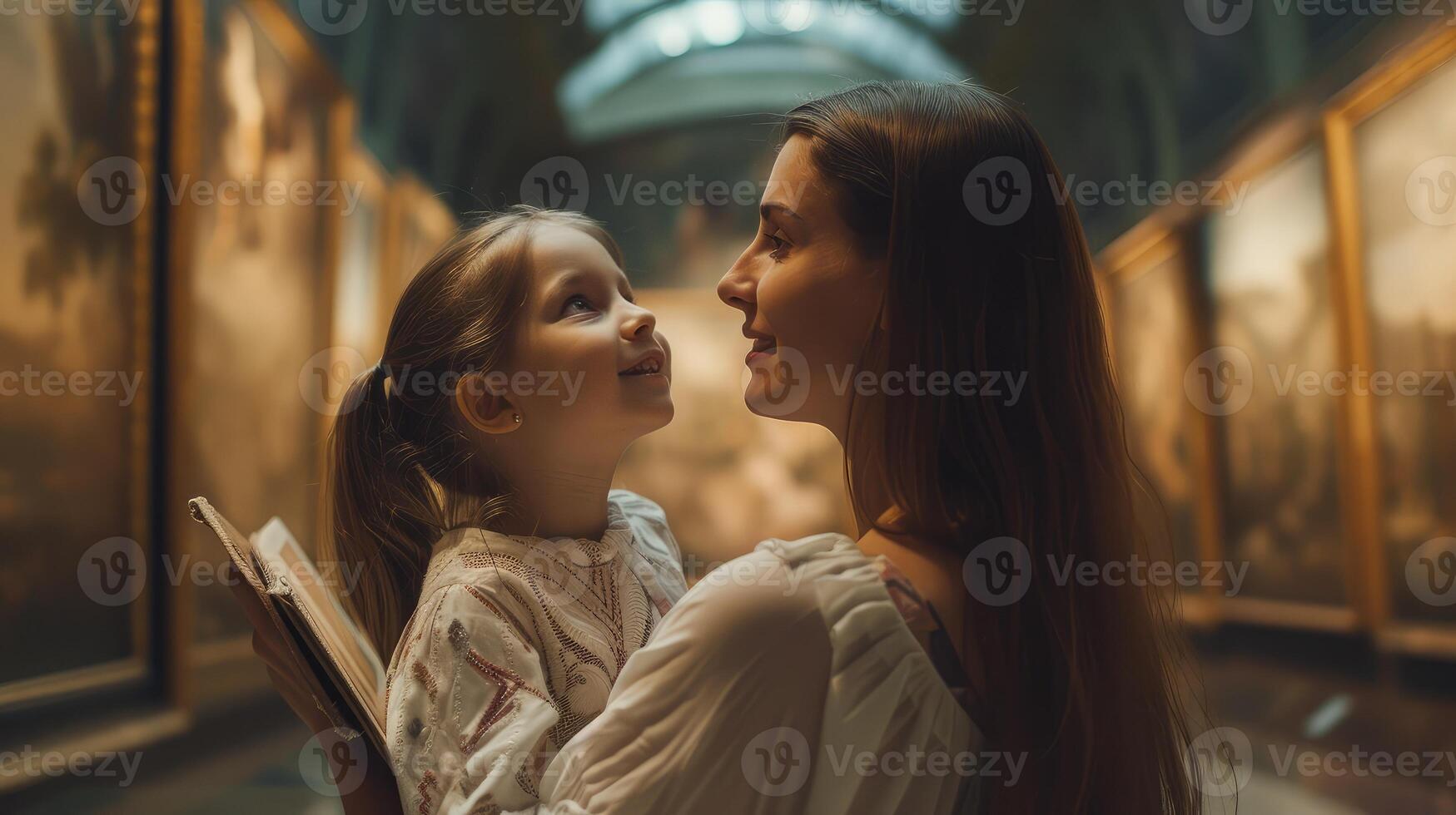 ai generado contento madre y hija explorador exposiciones de anterior siglos en museo foto