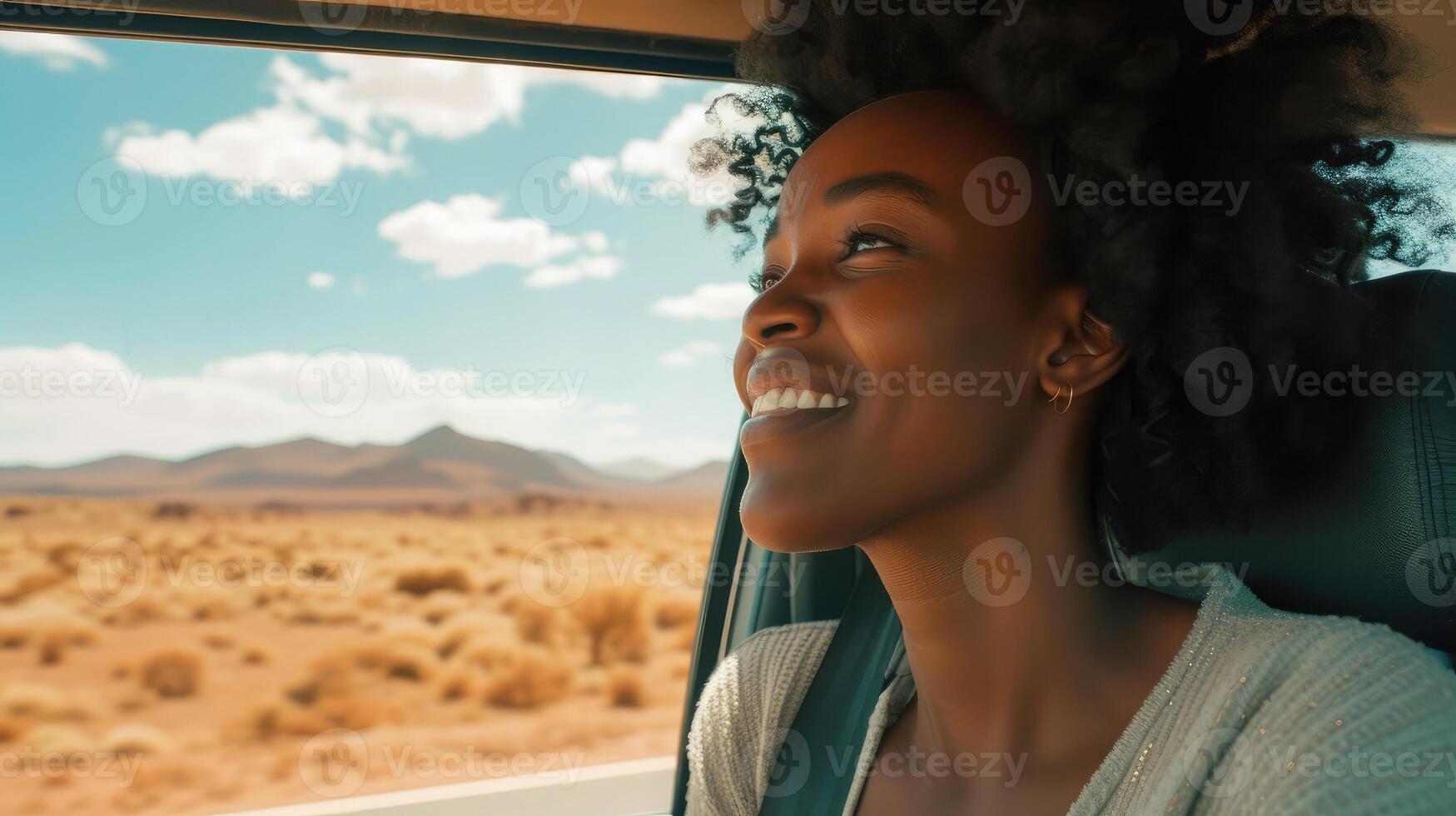 AI generated Black woman on road, enjoying window view of desert and traveling in suv on holiday road trip of South Africa. Travel adventure drive photo