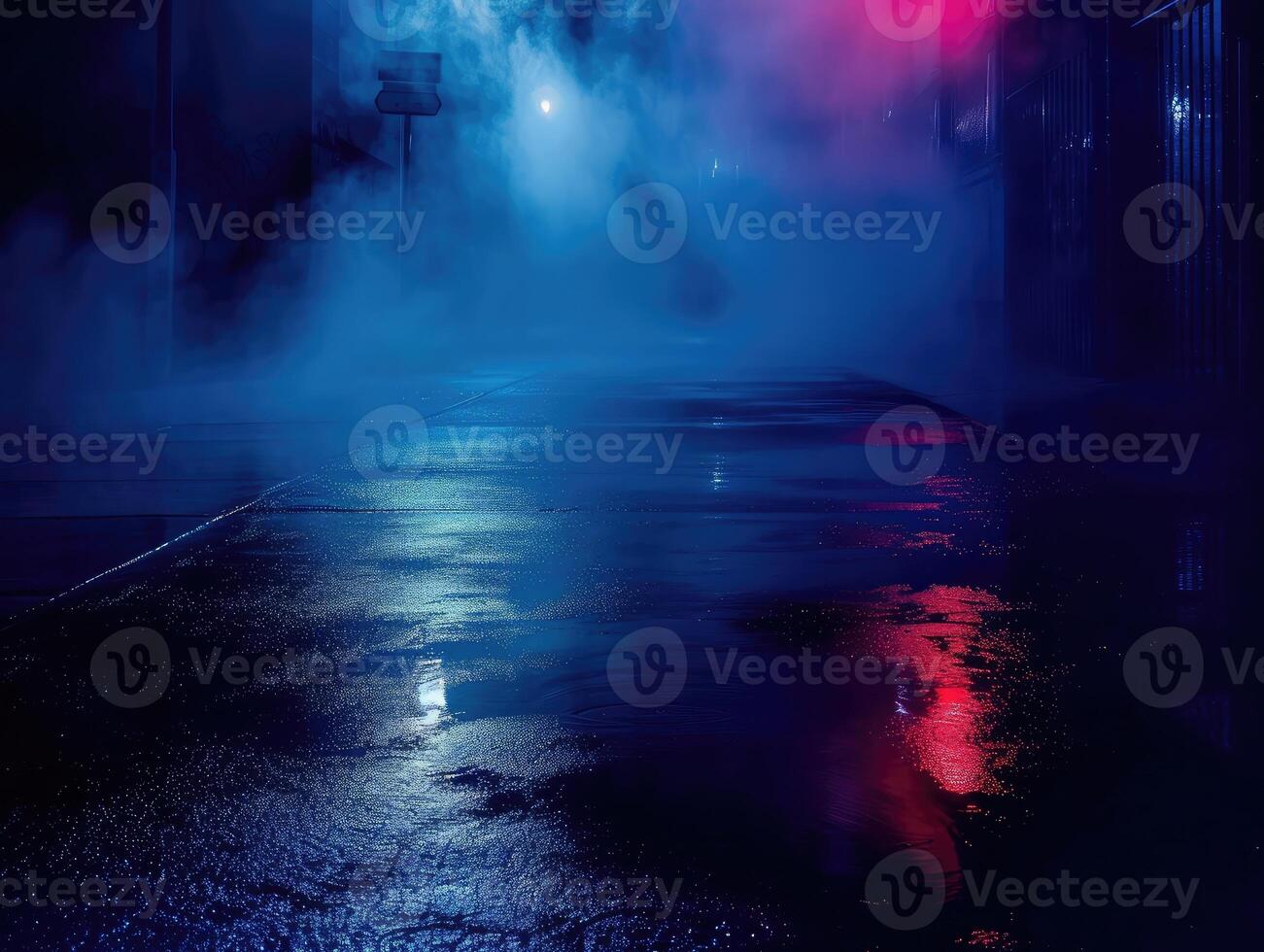 AI generated Dark empty scene, blue neon searchlight light, wet asphalt, smoke, night view, rays photo
