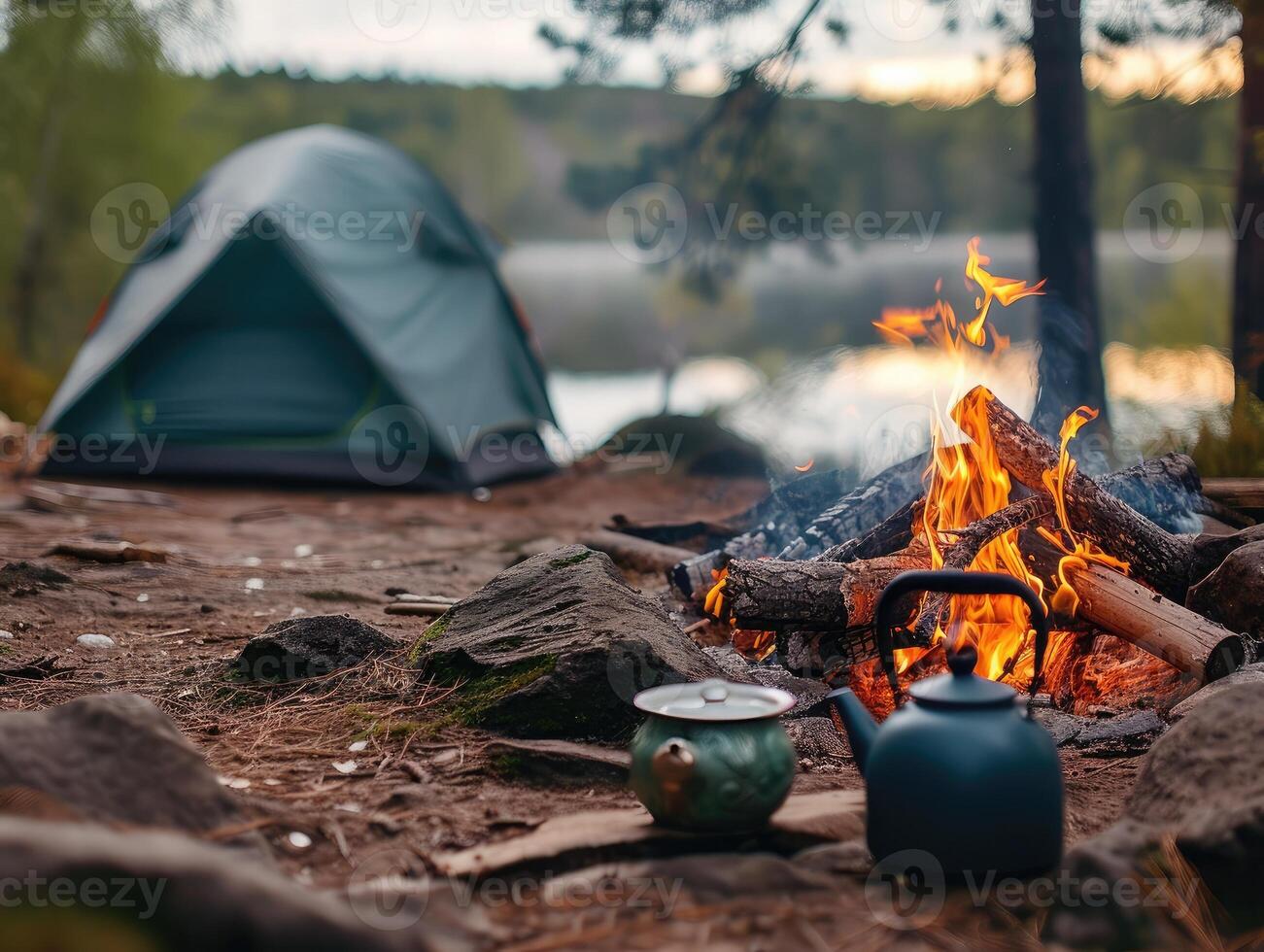 ai generado acampar fuego y té maceta son primer plano y enfocado, allí es un tienda en el antecedentes y desenfocado foto