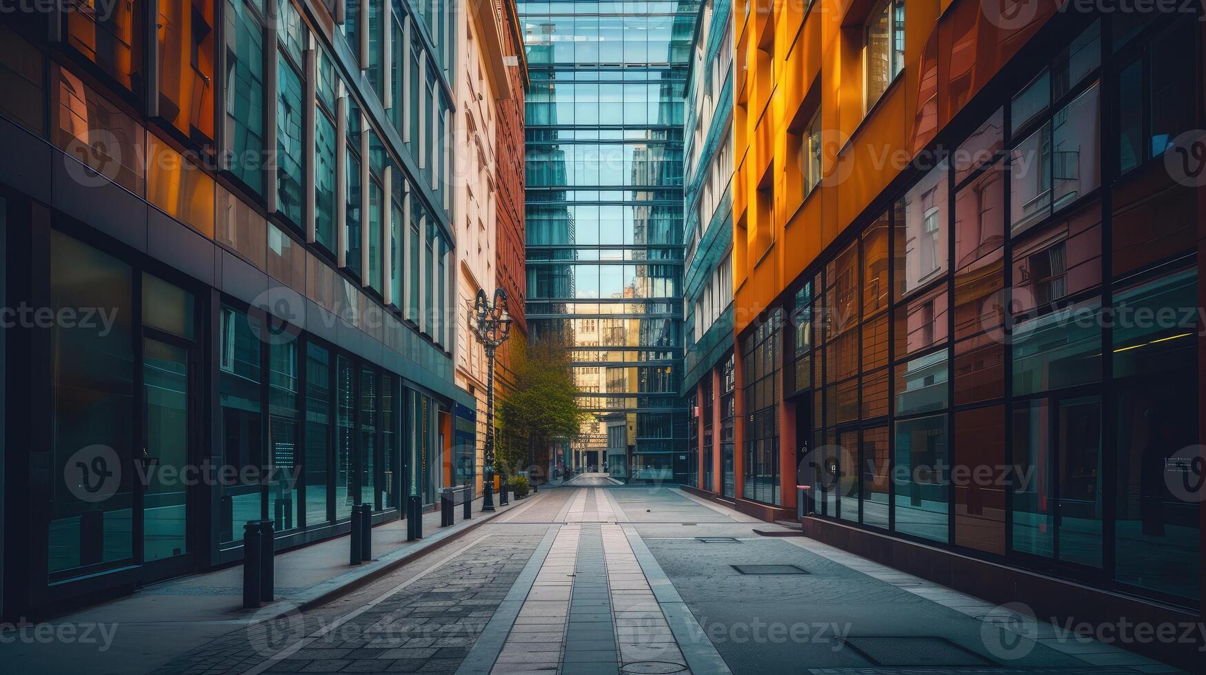 AI generated Alley with office buildings in modern Budapest area photo