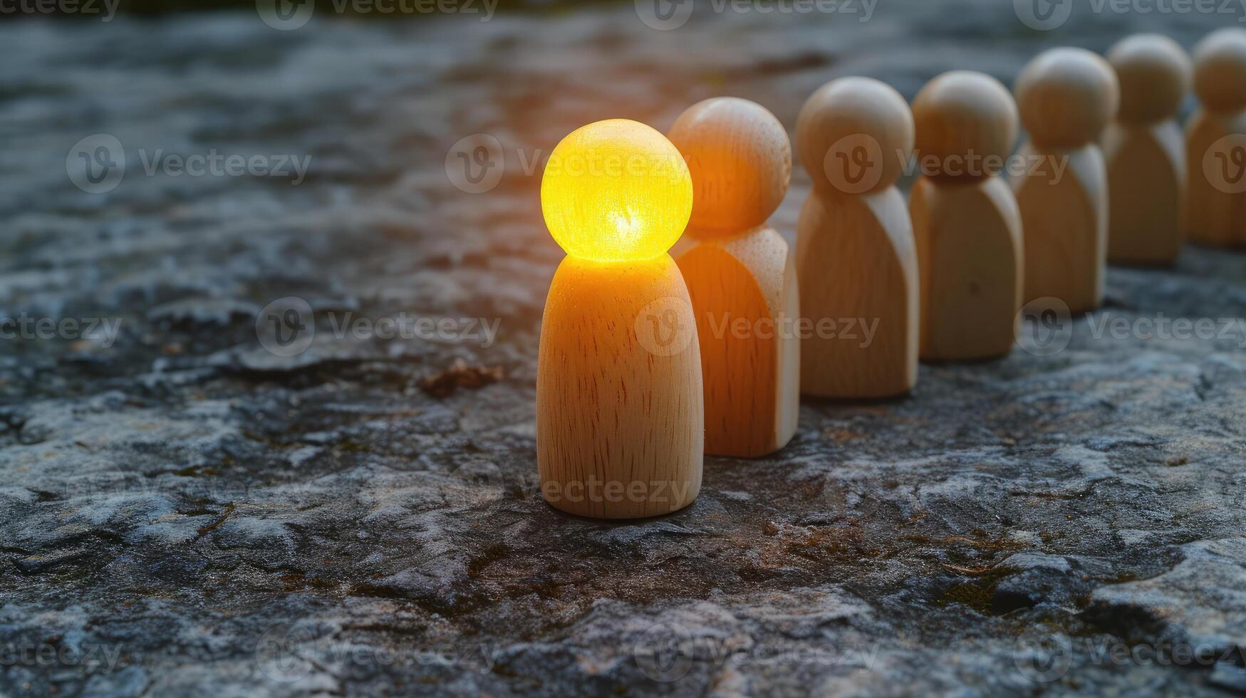 AI generated Success in Business or Talent Concept. Stand Out from the Crowd. Different and Individual Unique Person. Spotlight Shining to the Golden. presenting by wooden peg dolls photo