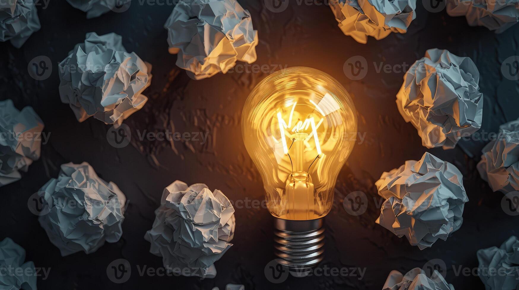 AI generated Idea and creativity concepts with paper crumpled ball and lamp.Think out of box.Business solution. photo