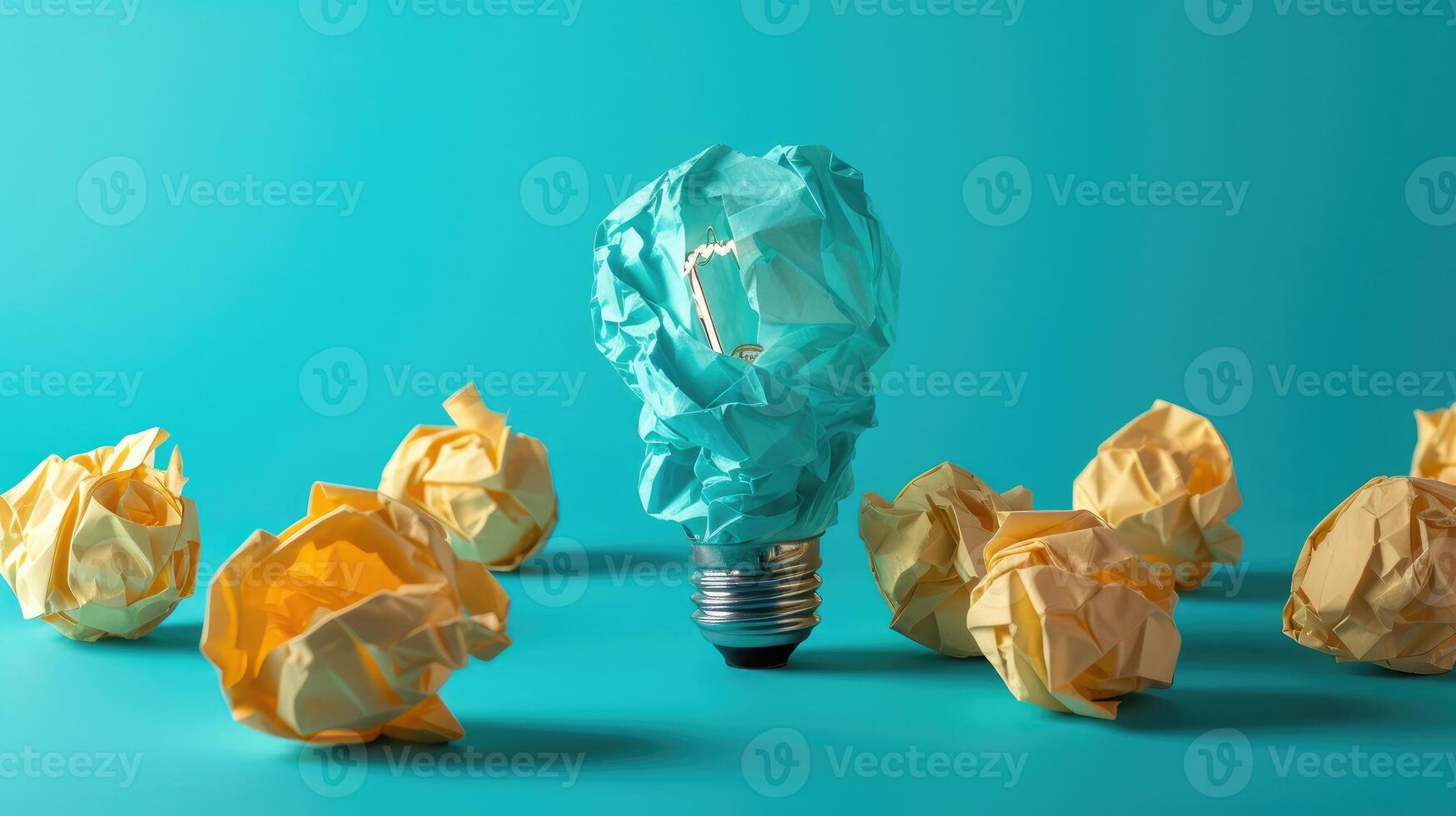 AI generated Idea and creativity concepts with paper crumpled ball and lamp.Think out of box.Business solution. photo