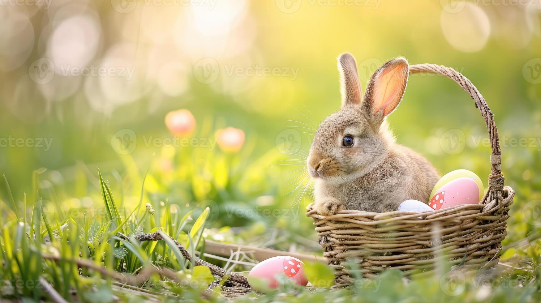 AI generated Small ,baby rabbit in easter basket with fluffy fur and easter eggs in the fresh,green spring landscape. Ideal as an easter card or greeting card or wallpaper. photo