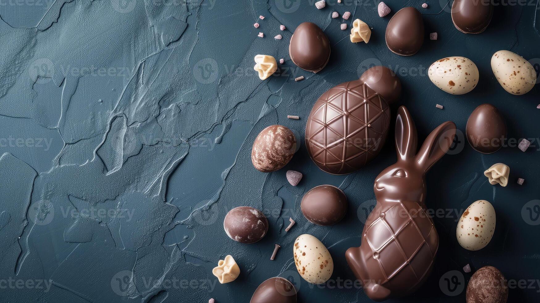 AI generated Delicious chocolate easter eggs ,bunny and sweets on dark blue background photo