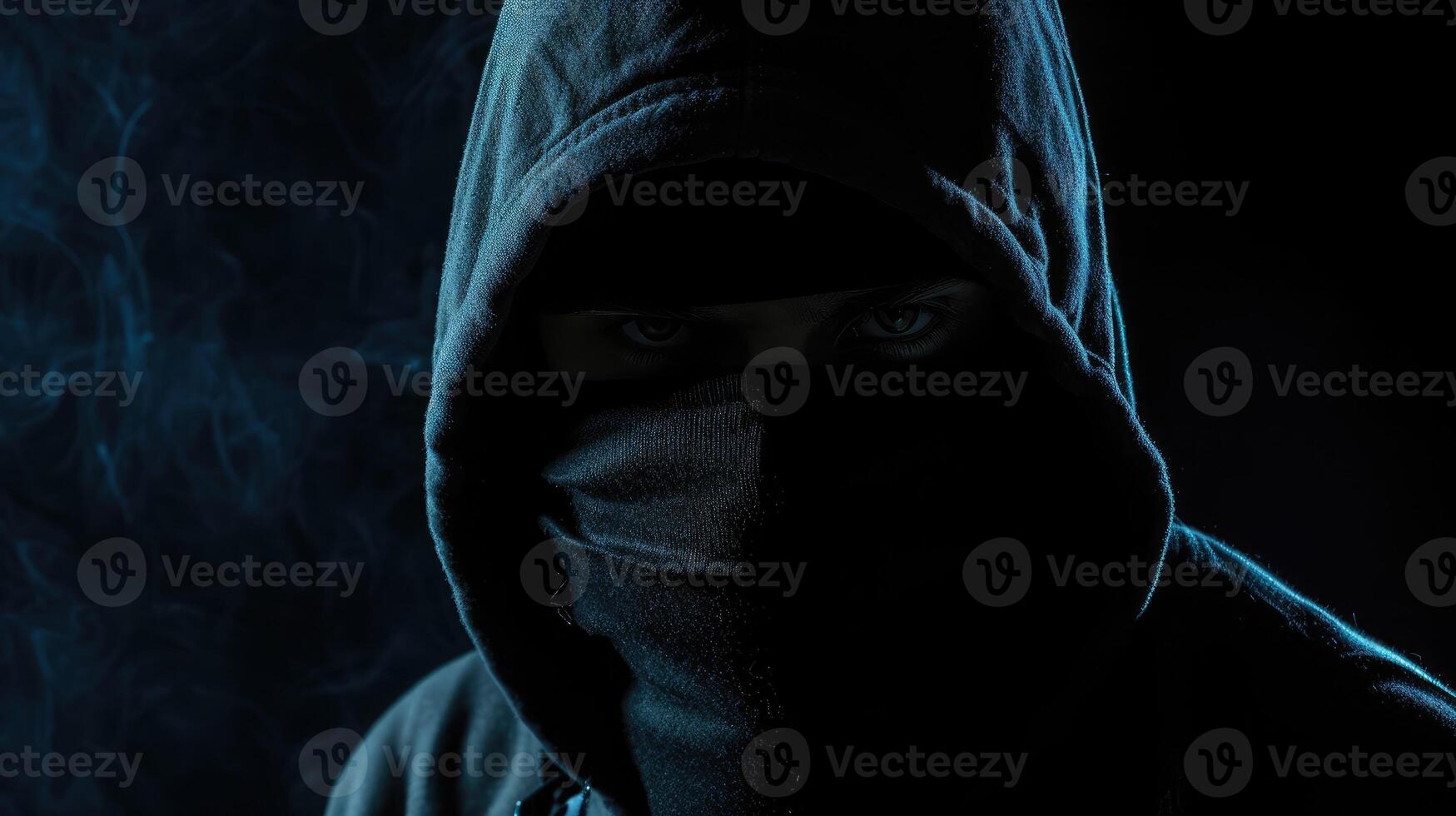 AI generated Criminal wearing black balaclava and hoodie in the dark photo